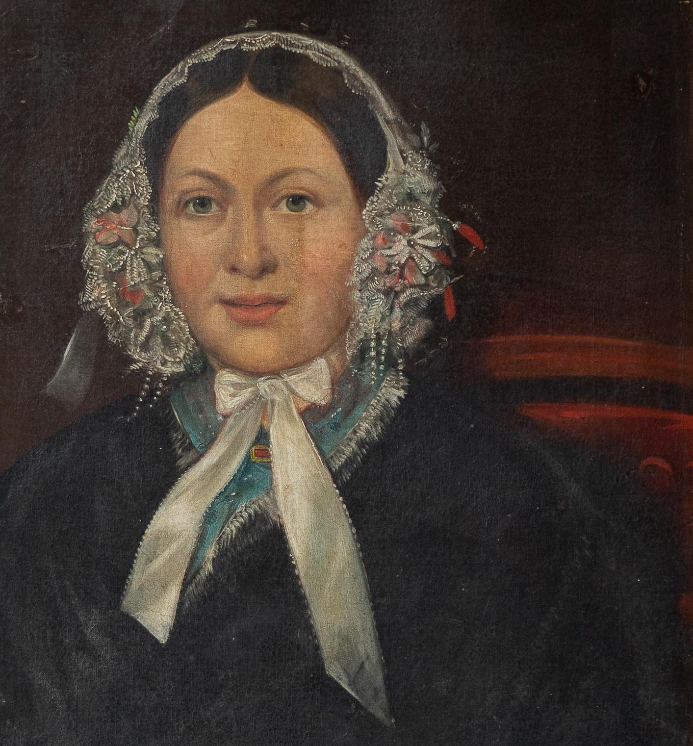 XIXe siècle  Grand portrait de femme dans une casquette de dentelle, peinture à l'huile originale ancienne des années 1830 en vente