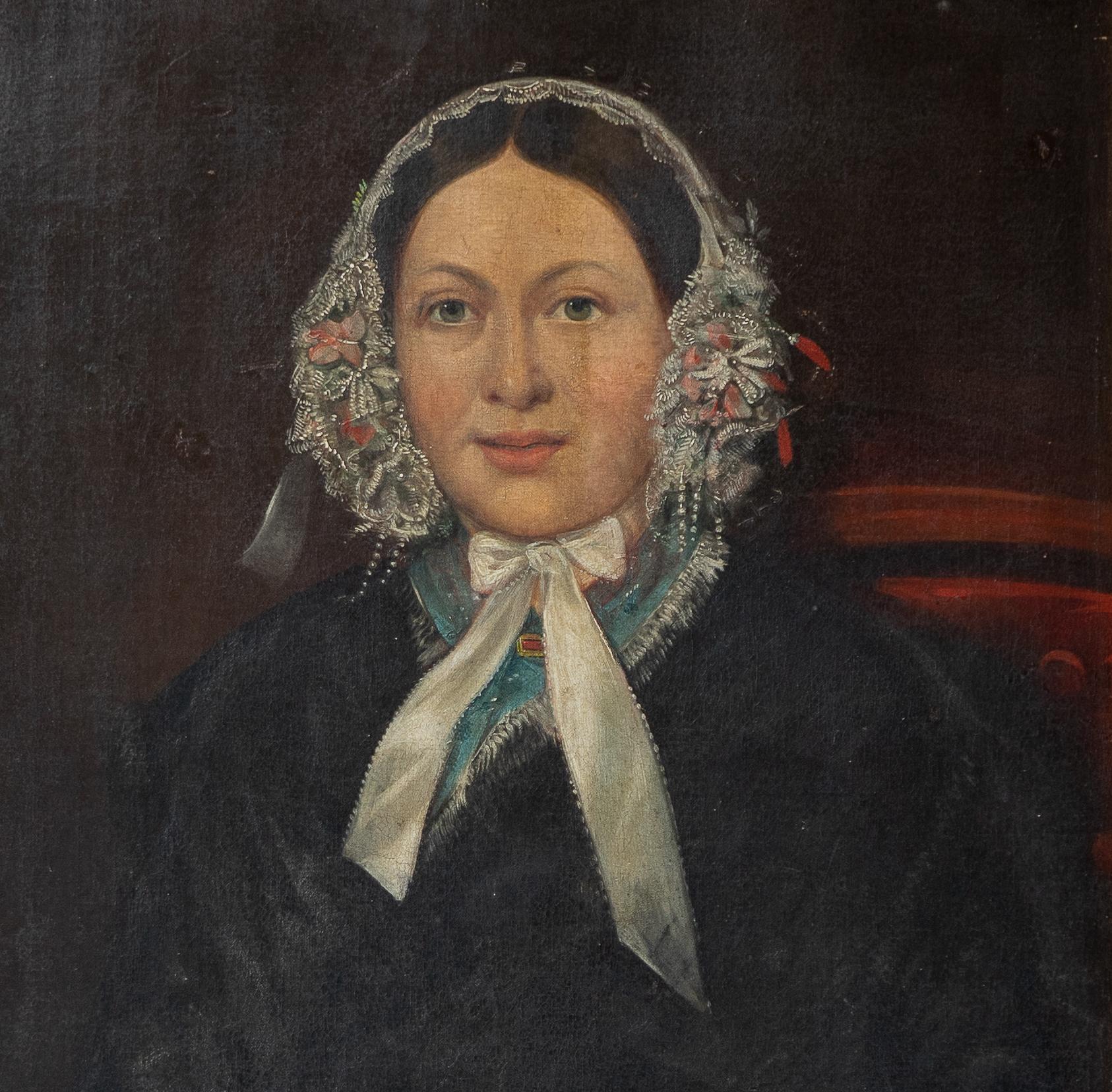Canvas  Large Portrait Of A Woman In A Lace Cap, Antique Original Oil Painting, 1830s For Sale