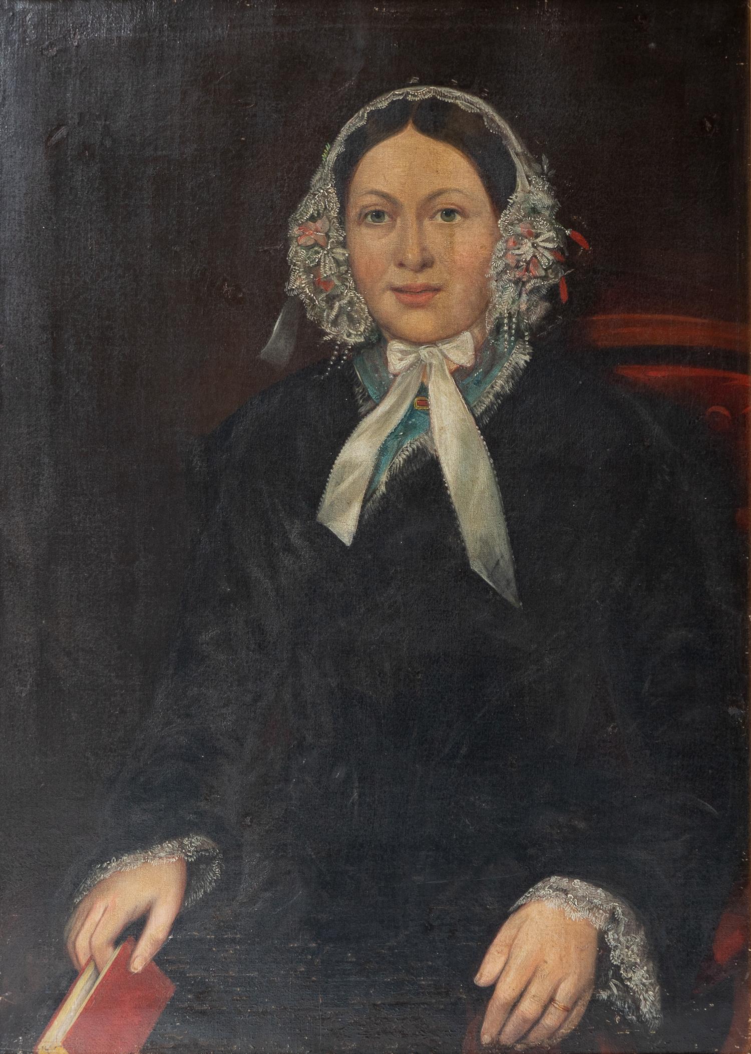  Grand portrait de femme dans une casquette de dentelle, peinture à l'huile originale ancienne des années 1830 en vente 1