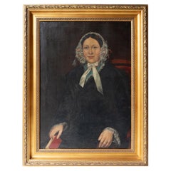  Large Portrait Of A Woman In A Lace Cap, Antique Original Oil Painting, 1830s