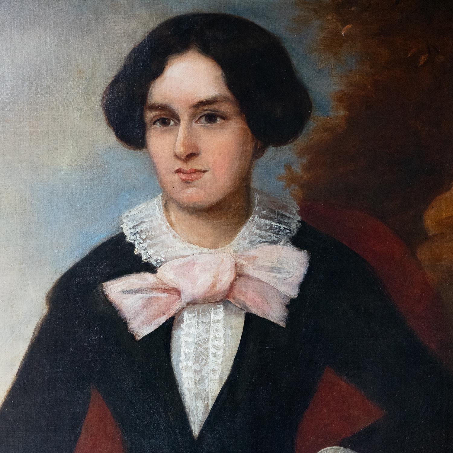 Début de l'époque victorienne  Grand portrait d'une femme avec un nœud rose, peinture à l'huile originale ancienne en vente