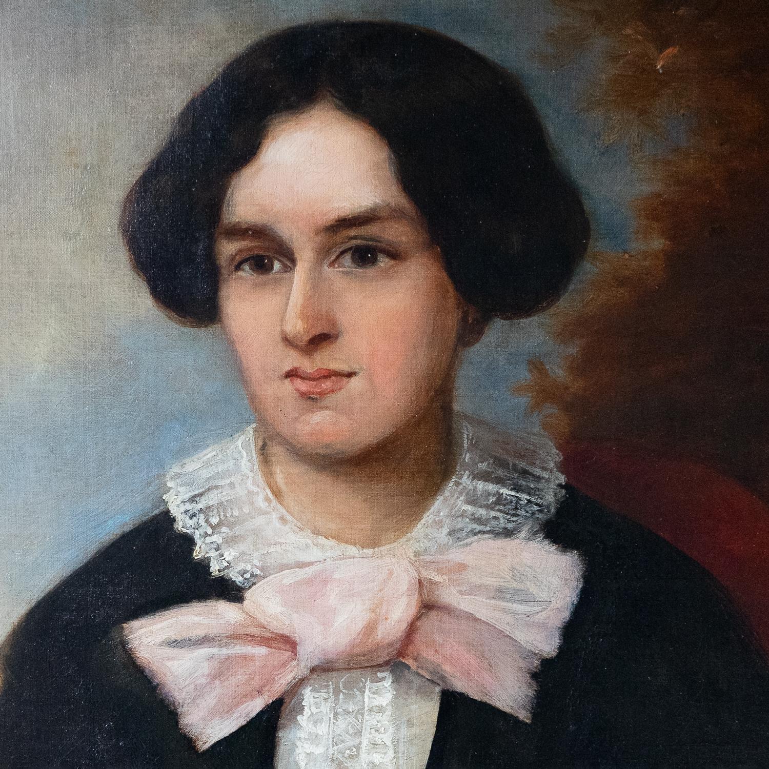 Peint à la main  Grand portrait d'une femme avec un nœud rose, peinture à l'huile originale ancienne en vente