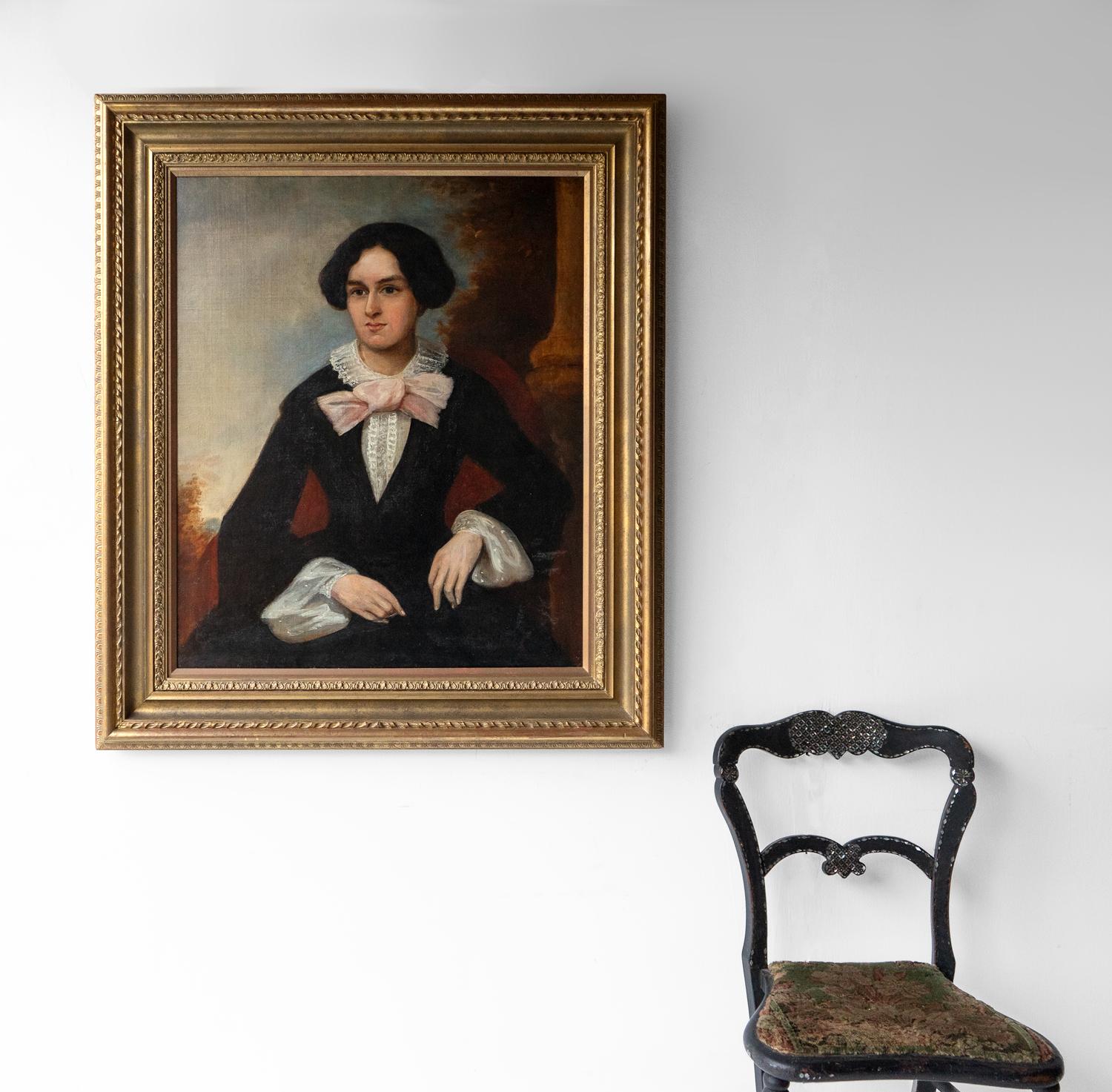 19th Century  Large Portrait Of A Woman With A Pink Bow, Antique Original Oil Painting For Sale
