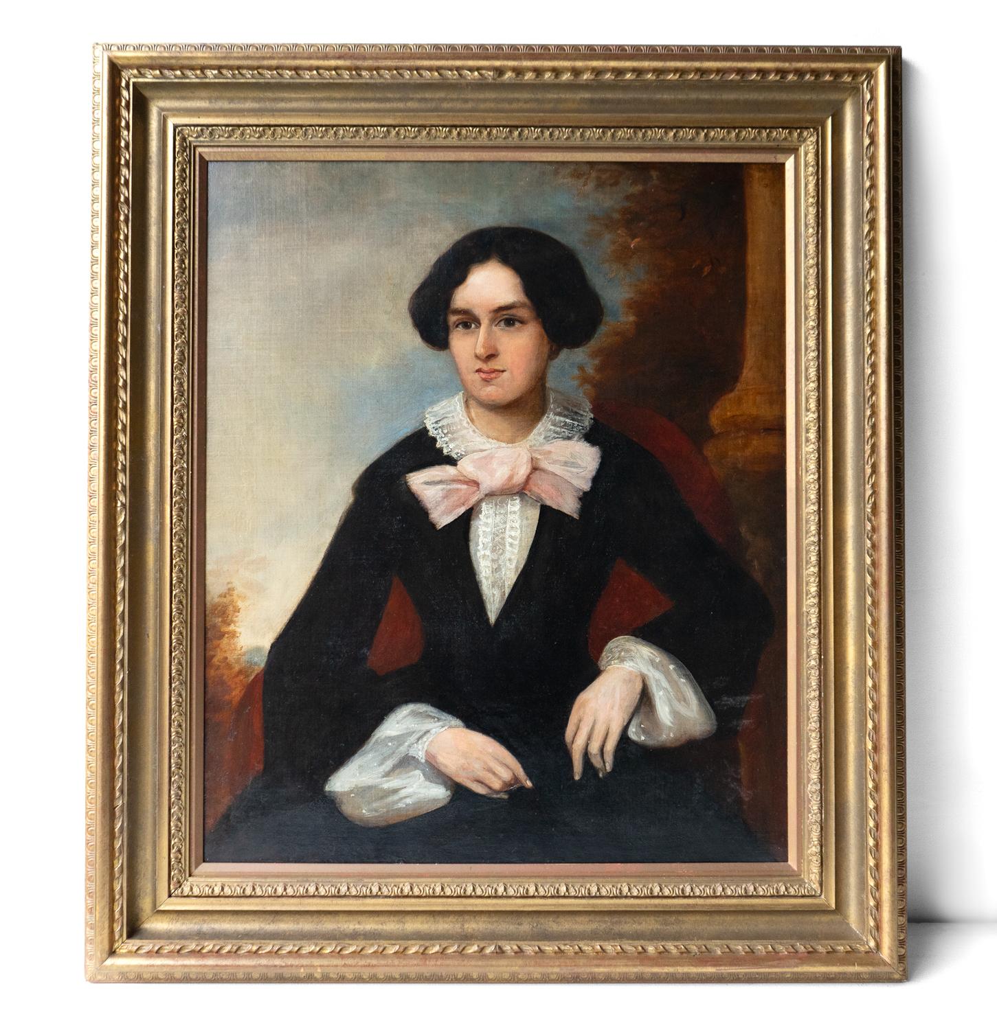  Grand portrait d'une femme avec un nœud rose, peinture à l'huile originale ancienne en vente 2