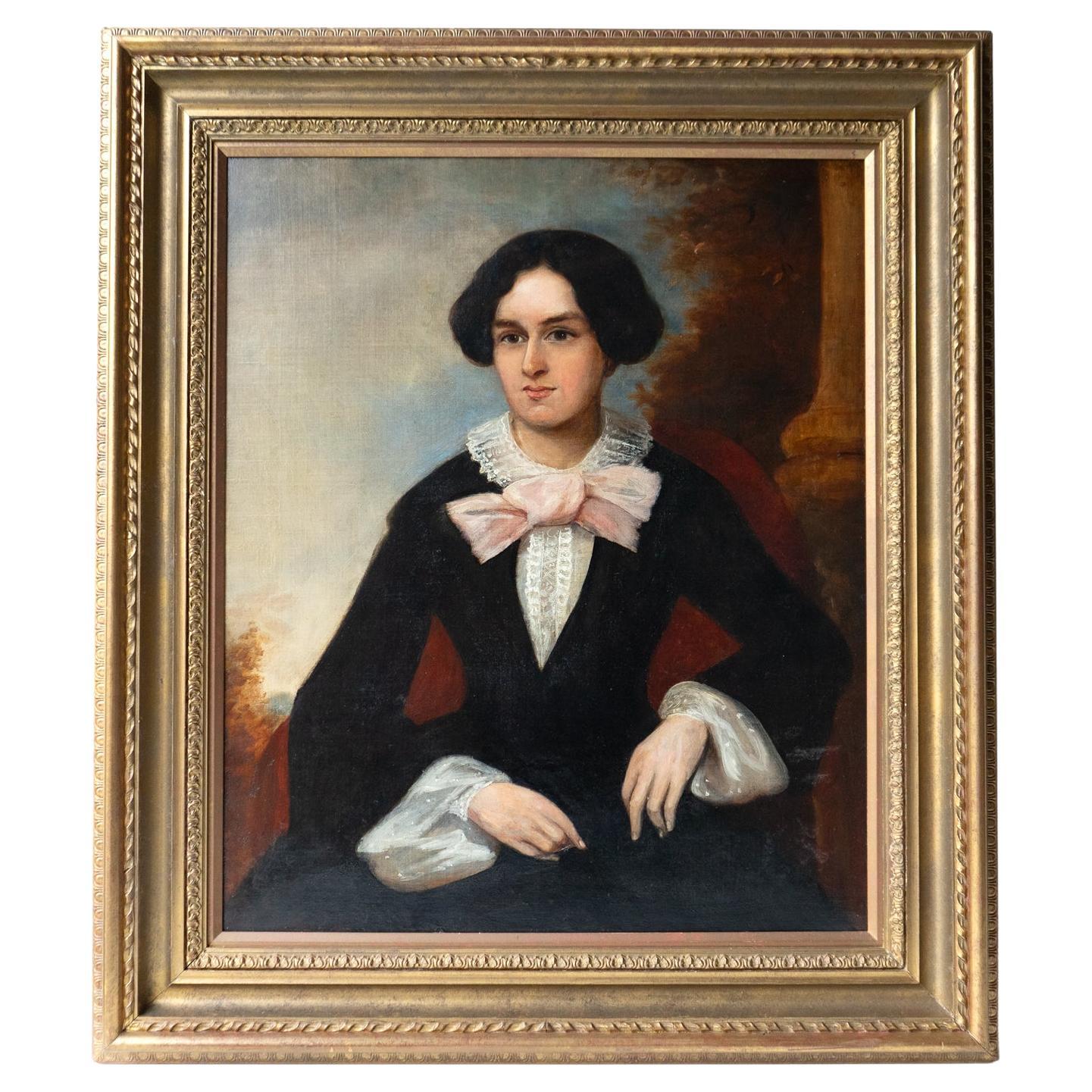  Large Portrait Of A Woman With A Pink Bow, Antique Original Oil Painting
