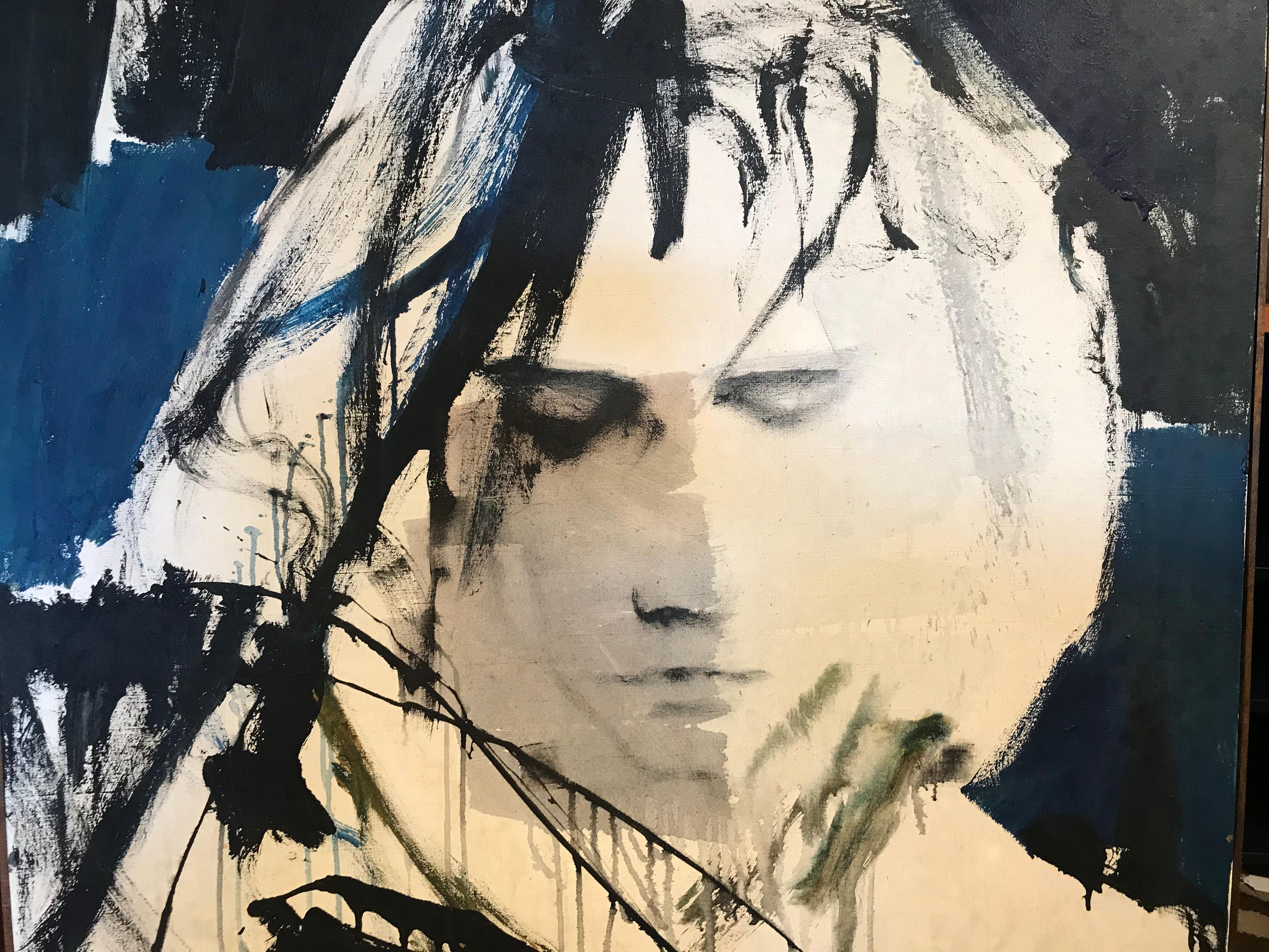 A large portrait of Jim Morrison. It is signed by Gino Hollander and dated 1975.
Gino Hollander (1924 –2015) is a very important American painter. He began painting in New York City during the abstract expressionist movement after having been a