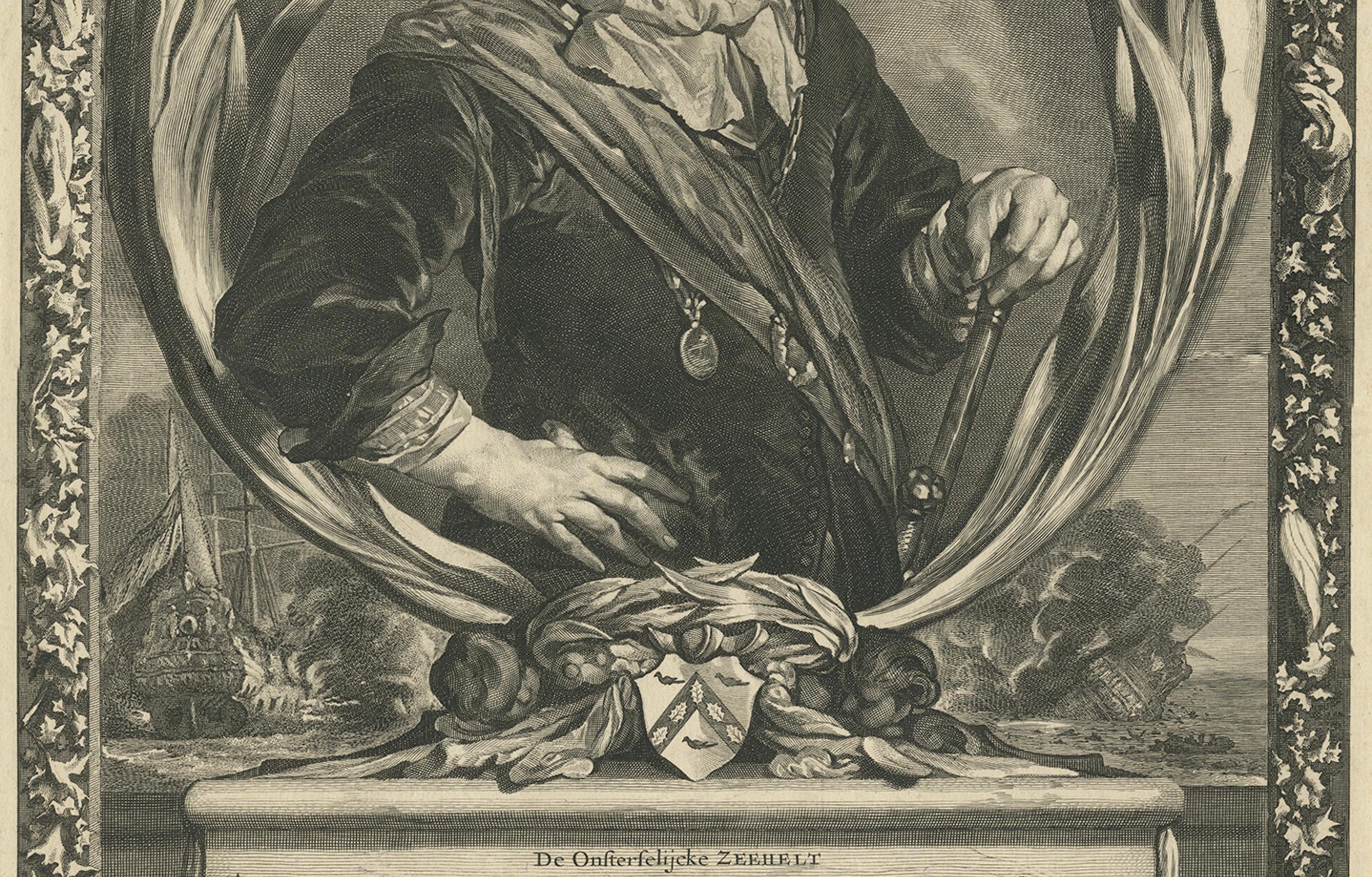 Engraved Large Portrait of Vice Admiral Abraham van der Hulst – Dutch Naval Hero, c.1666 For Sale