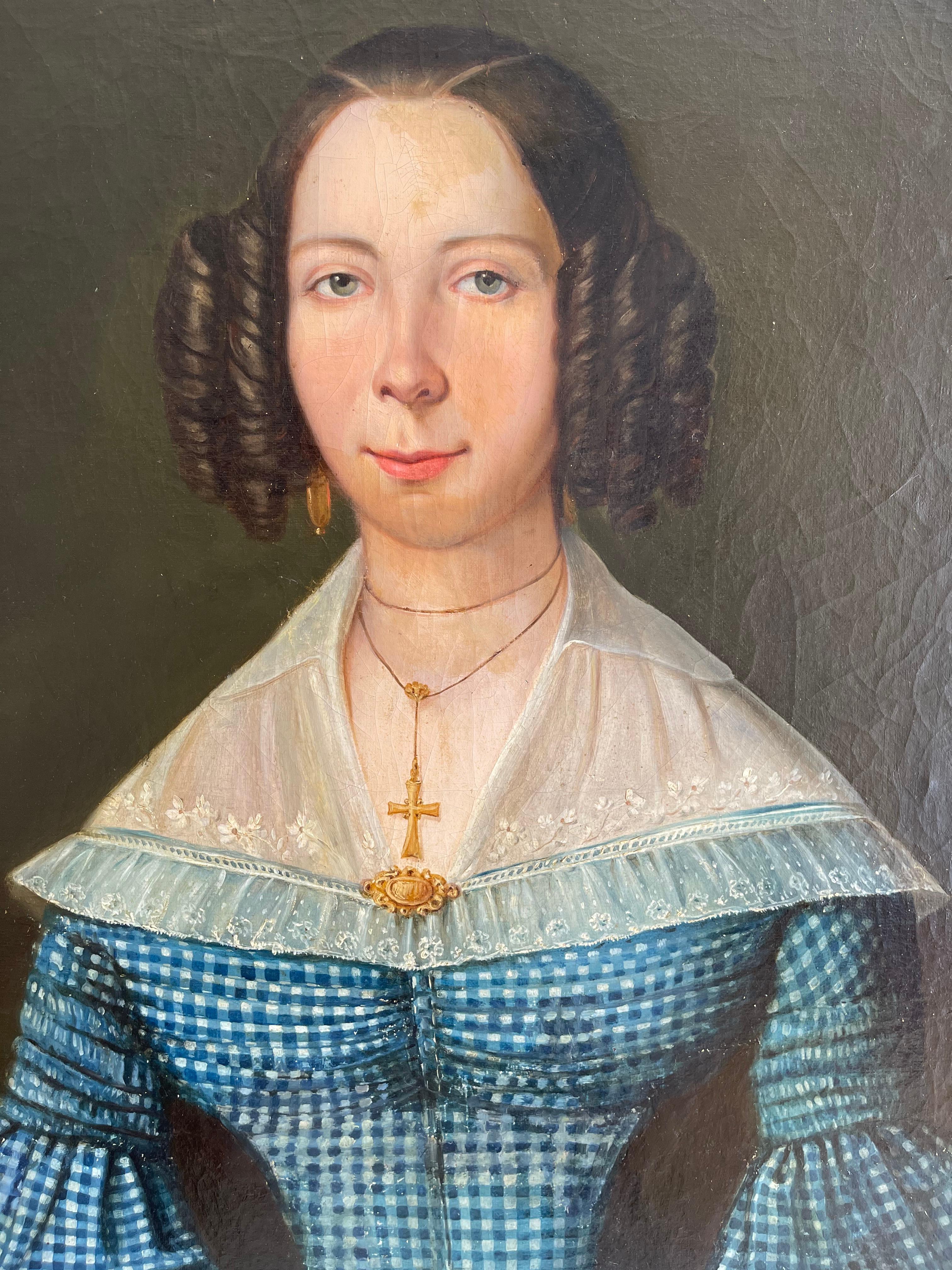 French Large Portrait of Young Lady, Oil on Canvas, 19th Century