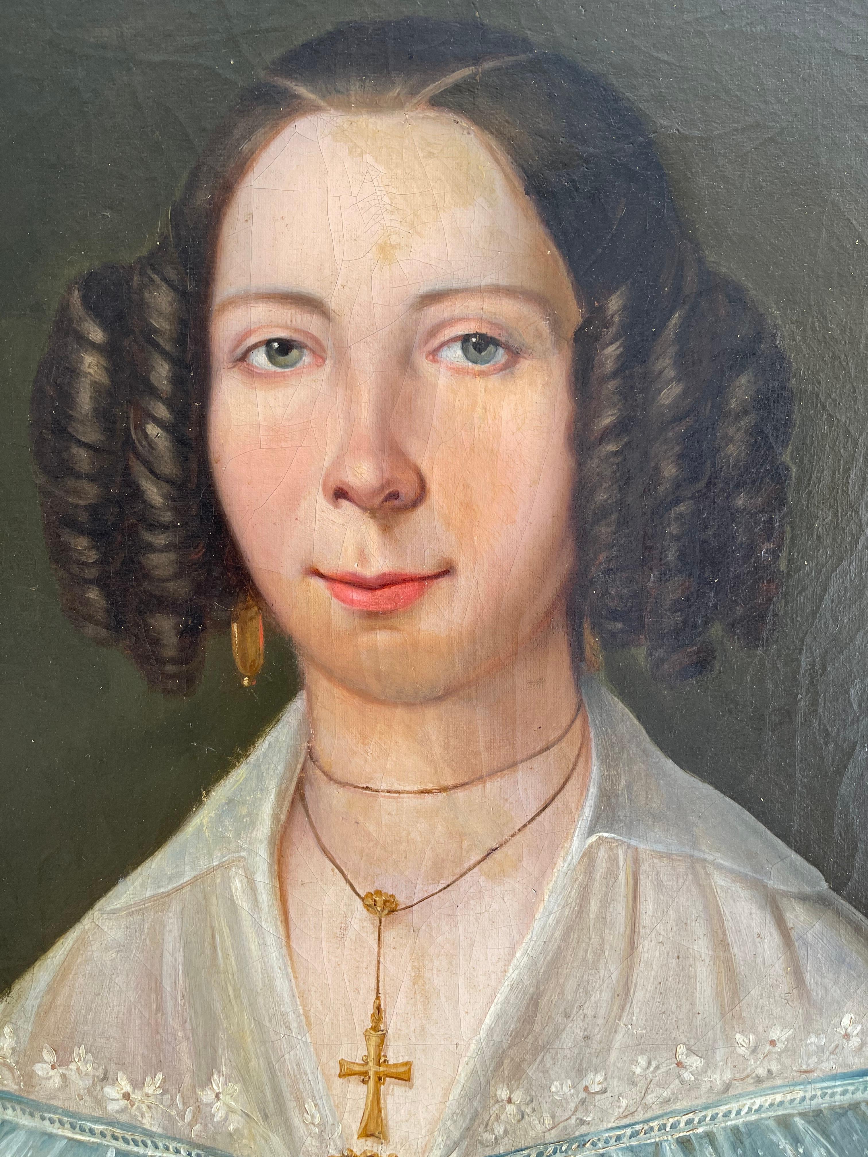 Painted Large Portrait of Young Lady, Oil on Canvas, 19th Century