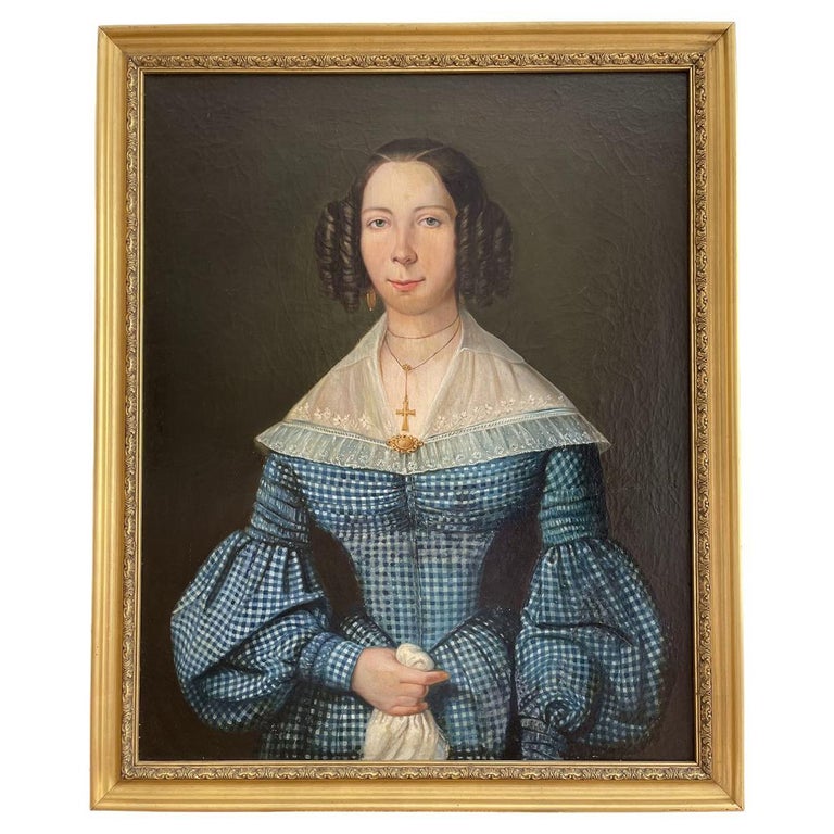 Large Portrait of Young Lady, Oil on Canvas, 19th Century For Sale