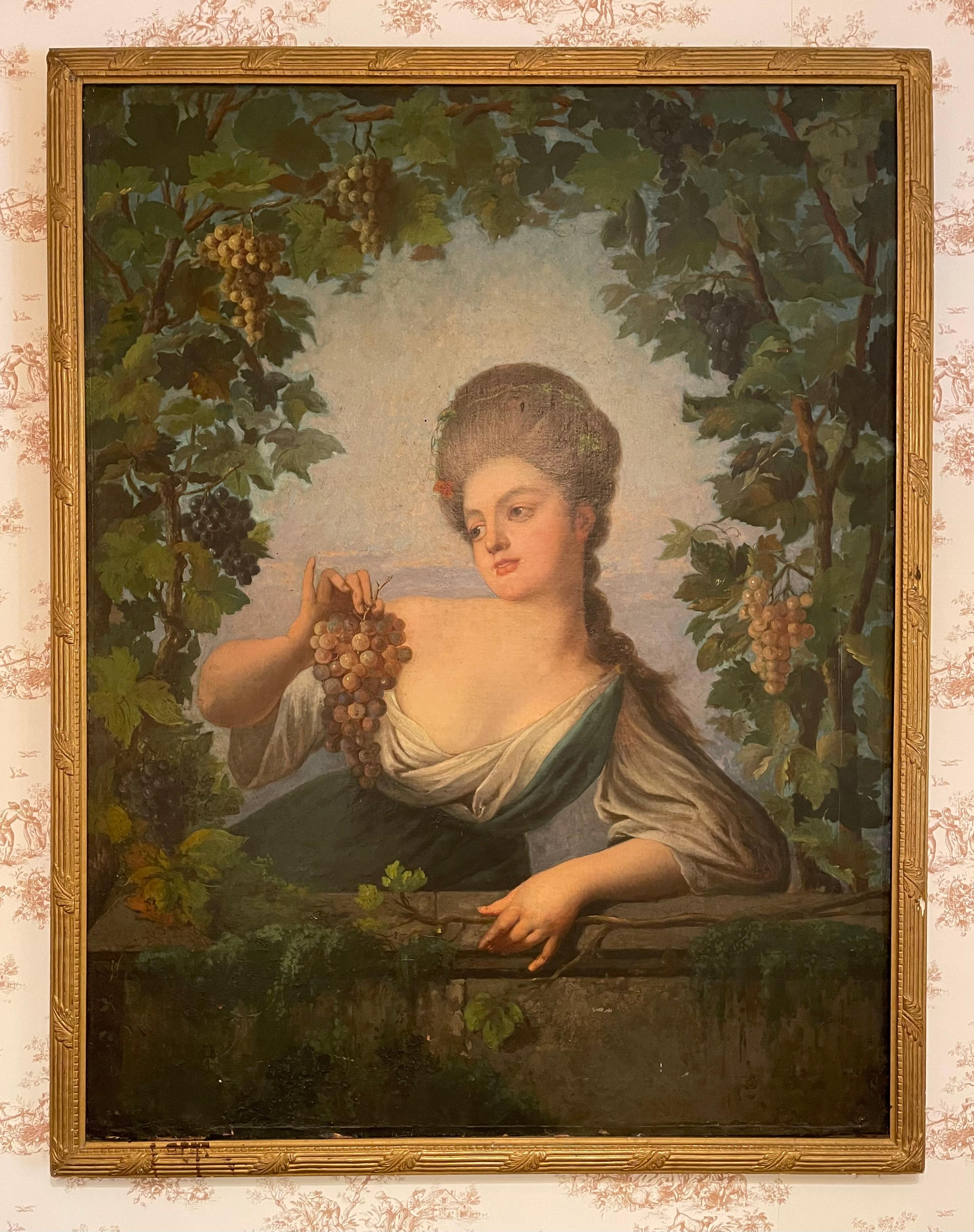 Large and superb portrait of a young woman, leaning on a balcony, in the middle of a setting of climbing vines loaded with bunches of grapes. Spring and gluttony are staged here with this very high quality oil on canvas. Painting in its own juice,