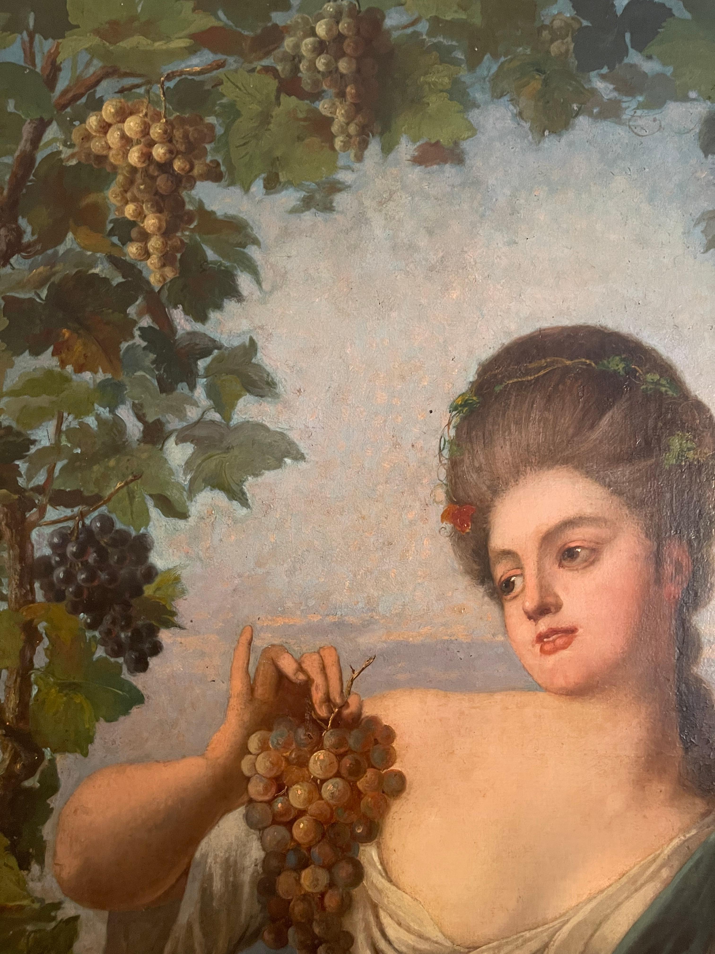 Large Portrait Young Woman with Bunches of Grapes, 19th Century In Good Condition For Sale In Beaune, FR