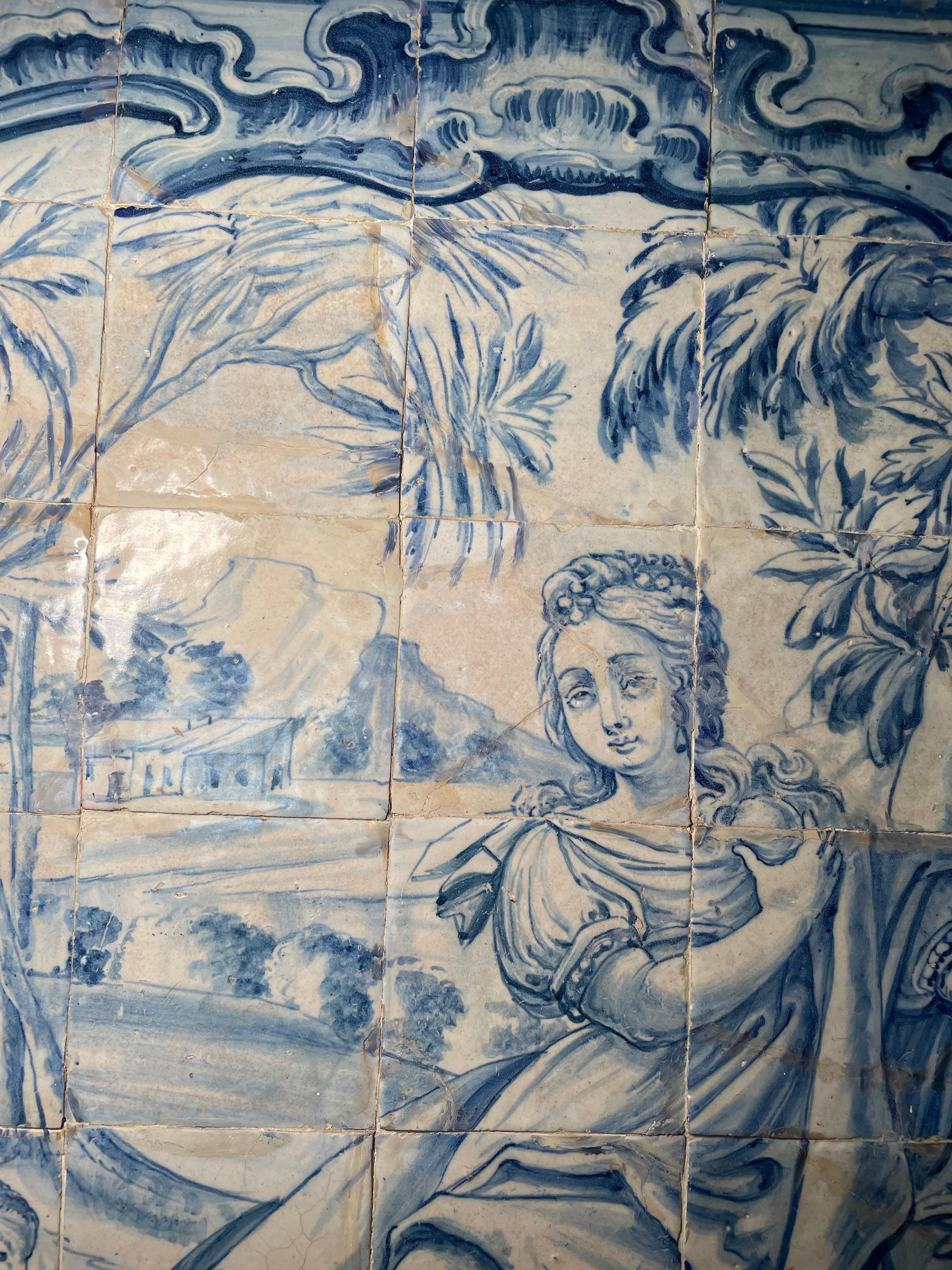 Grande fresque portugaise du 18ème siècle encadrée de bois représentant Azulejos, Le sens du goût 1