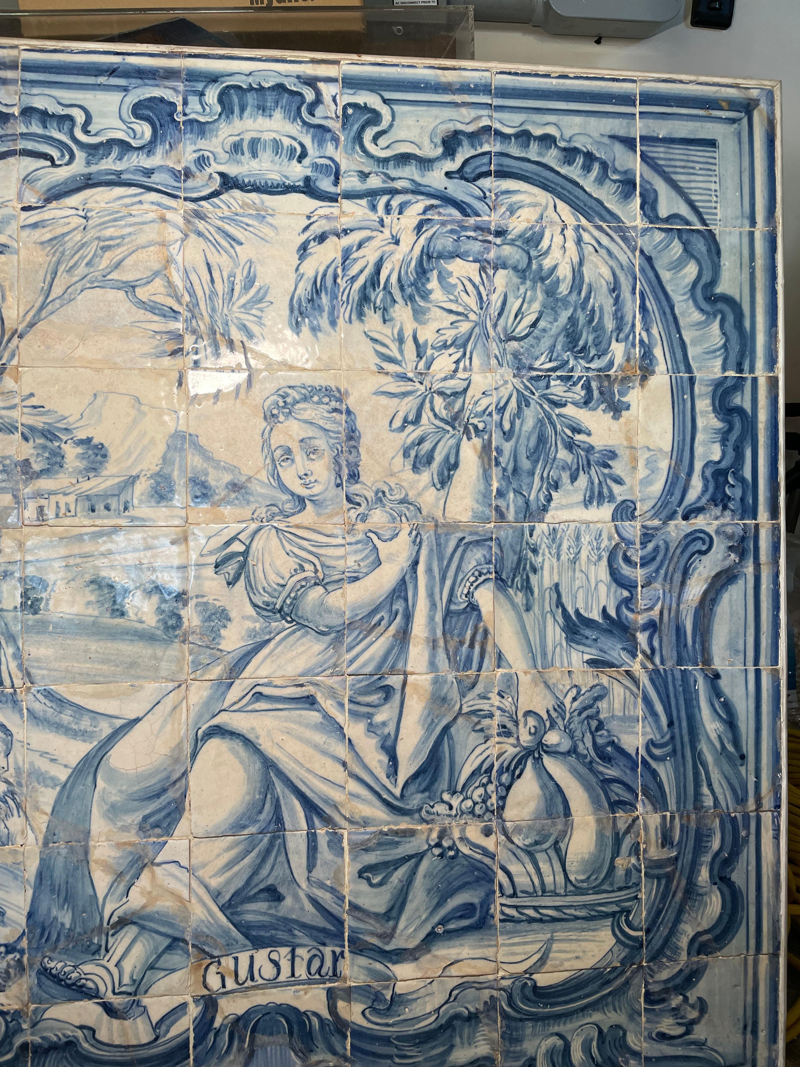Grande fresque portugaise du 18ème siècle encadrée de bois représentant Azulejos, Le sens du goût 2