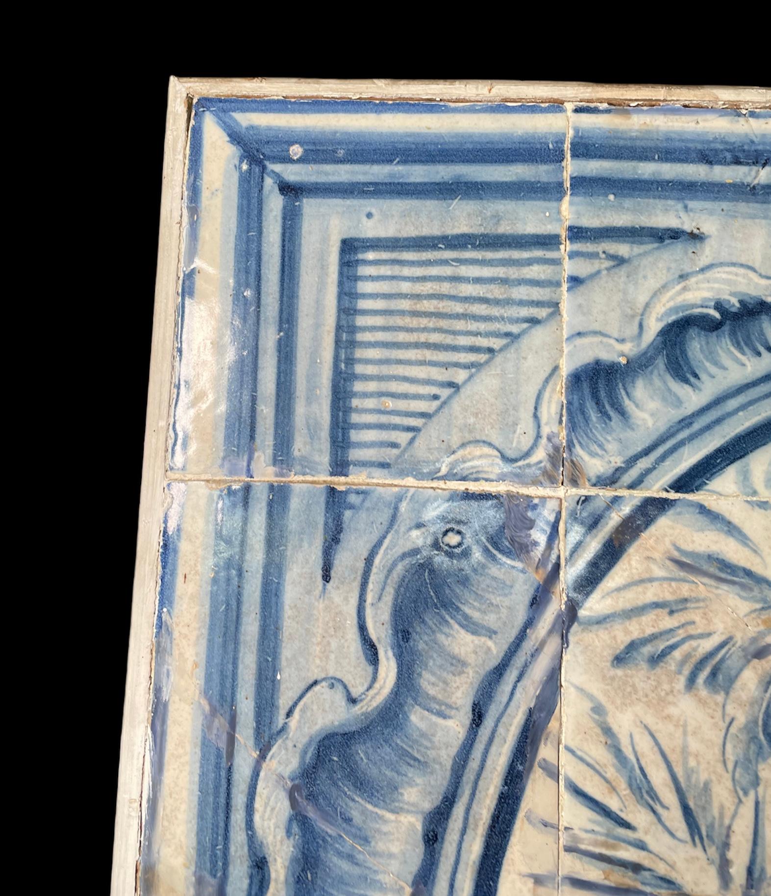 Earthenware Large Portuguese 18th Century Wood Framed Mural of “Azulejos” The Sense of Taste