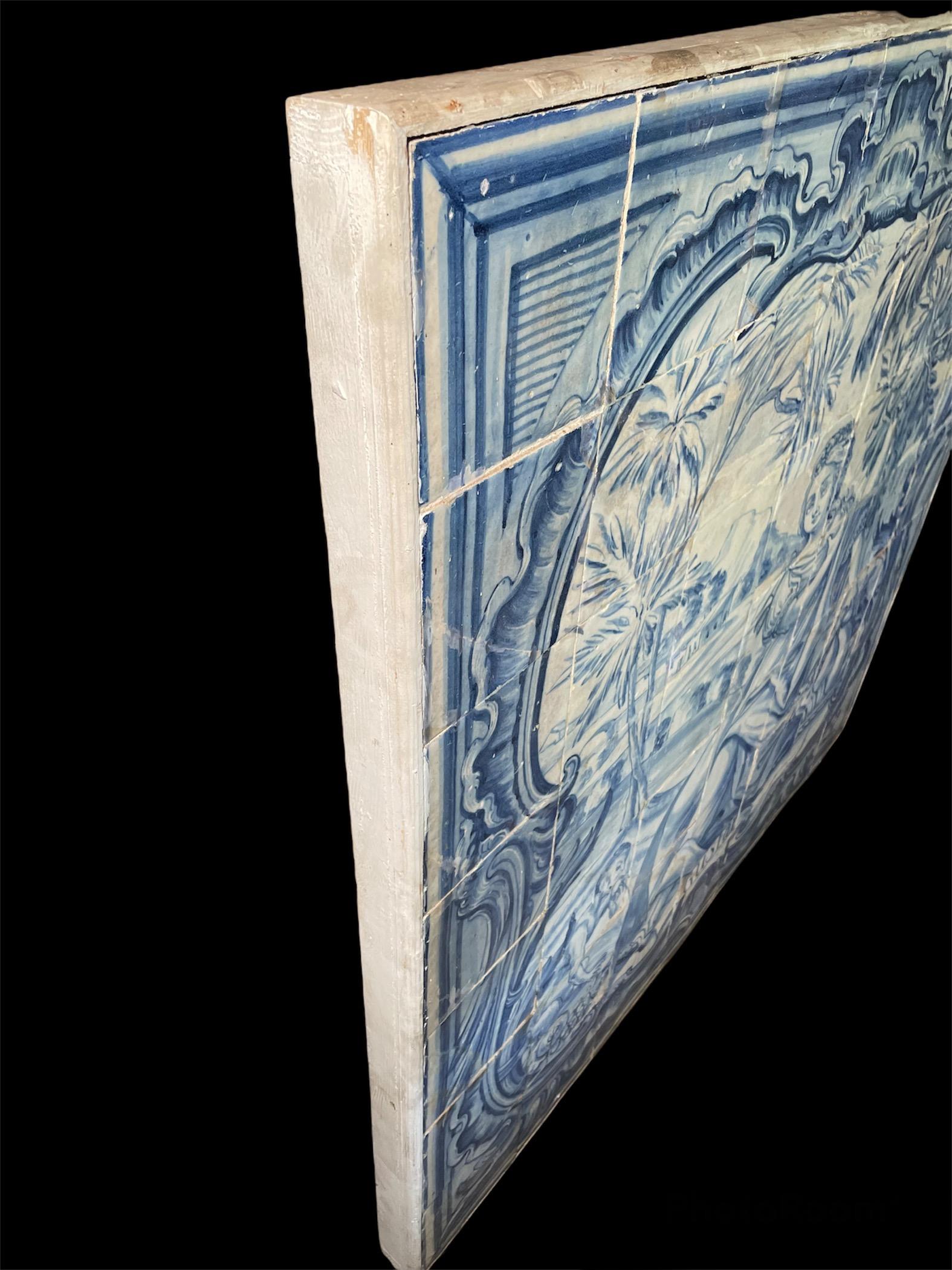 Large Portuguese 18th Century Wood Framed Mural of “Azulejos” The Sense of Taste 1