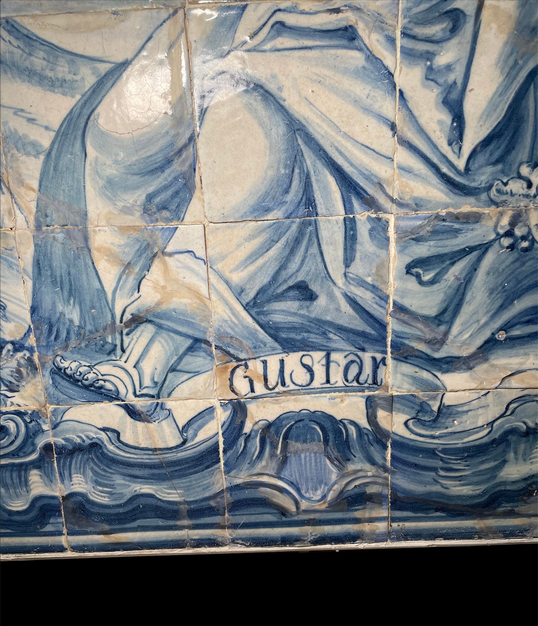 Poterie Grande fresque portugaise du 18ème siècle encadrée de bois représentant Azulejos, Le sens du goût