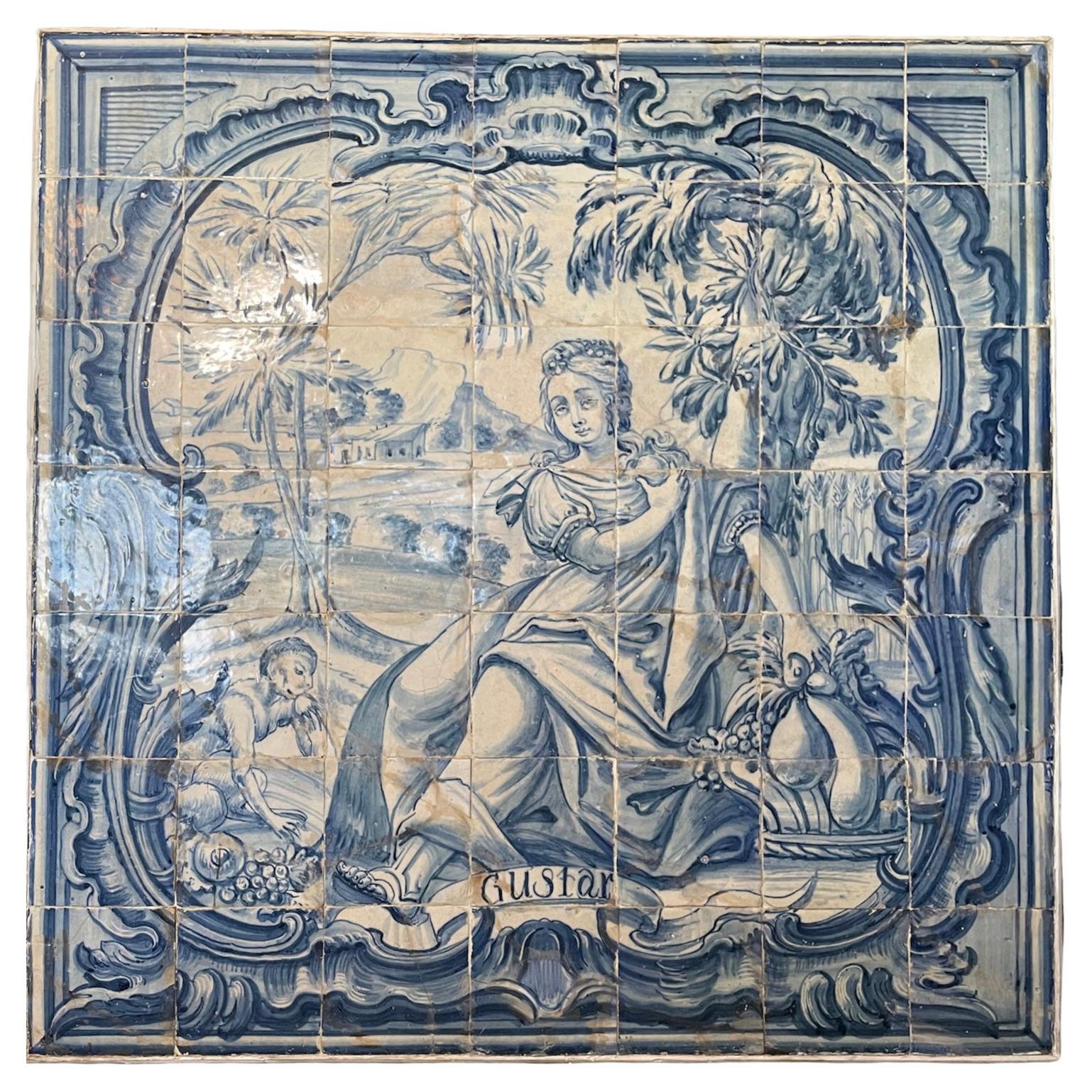 Grande fresque portugaise du 18ème siècle encadrée de bois représentant Azulejos, Le sens du goût