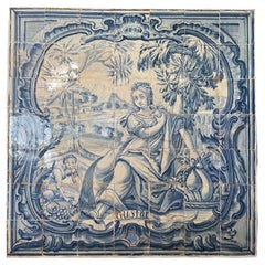 Large Portuguese 18th Century Wood Framed Mural of “Azulejos” The Sense of Taste