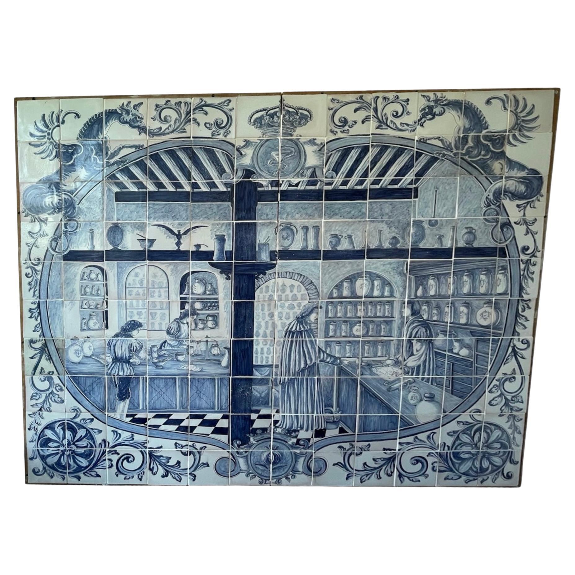 Grande murale portoghese del 18° secolo su legno di "Azulejos" - Spezieria in vendita