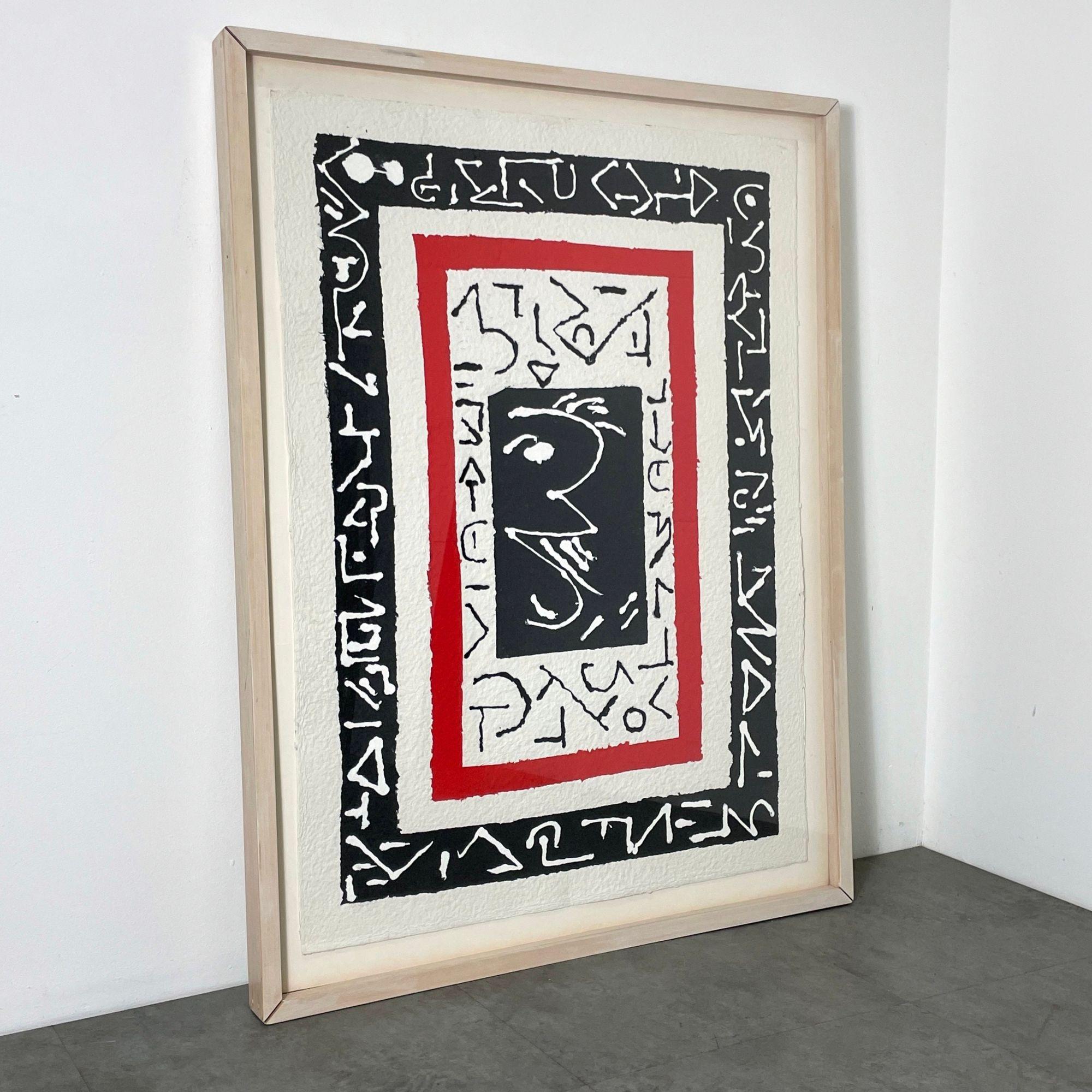 40x54 Large Vintage Abstract Painting on Hand Cast Paper by Mary Fisher 1990

Massive abstract textile art by Mary Fisher 1990
Abstract red and black hieroglyphic style design painted on hand cast paper
Hand signed and titled Telegram 2
Original