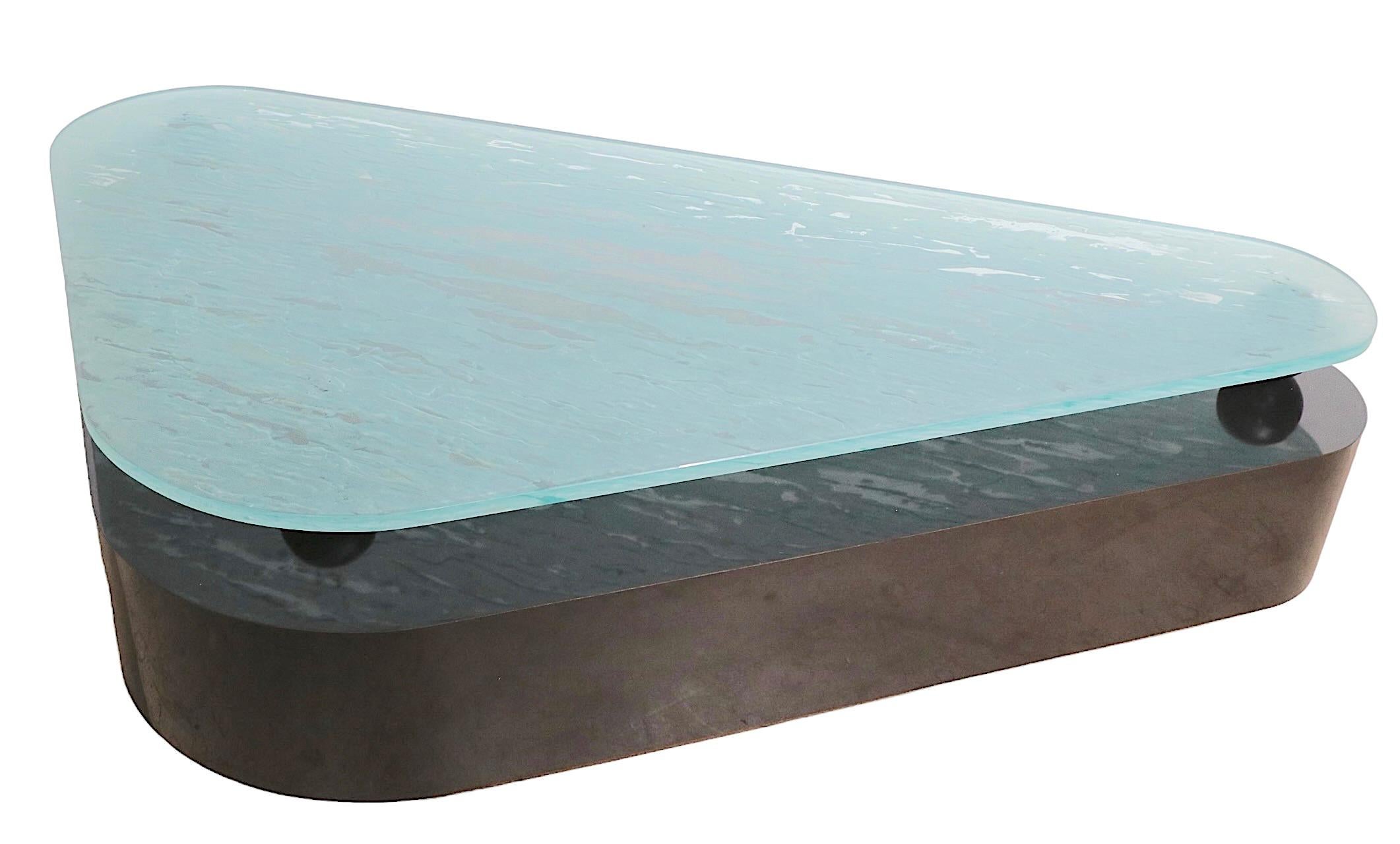 Large Post Modern Coffee Table with Formica Base and Textured Glass Top For Sale 5