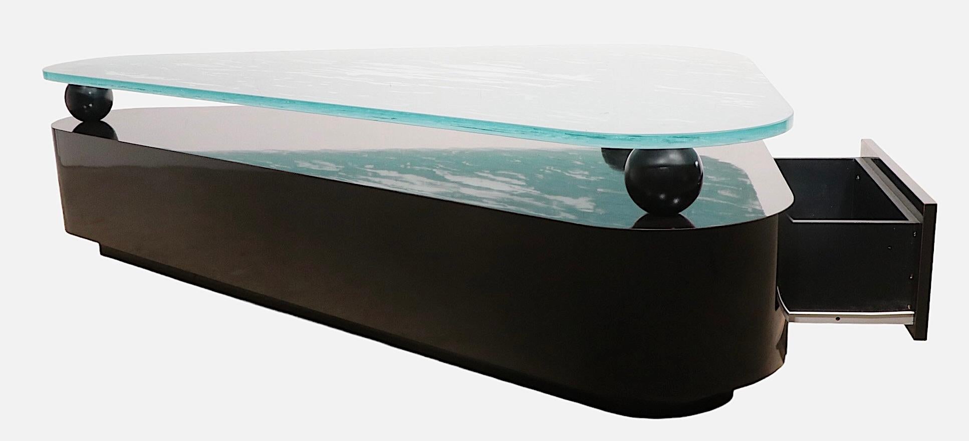 Large Post Modern Coffee Table with Formica Base and Textured Glass Top For Sale 9