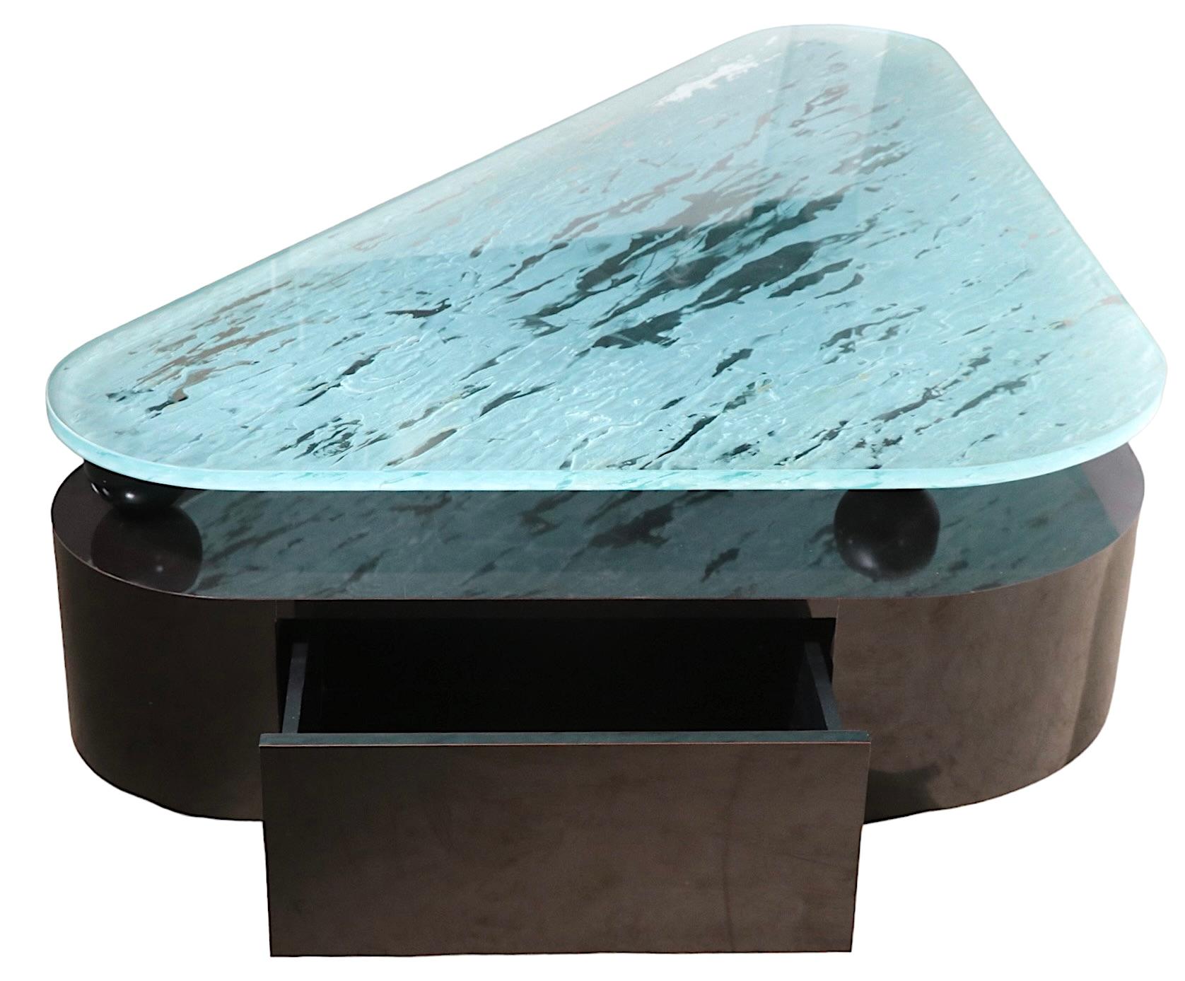 Large Post Modern Coffee Table with Formica Base and Textured Glass Top For Sale 10