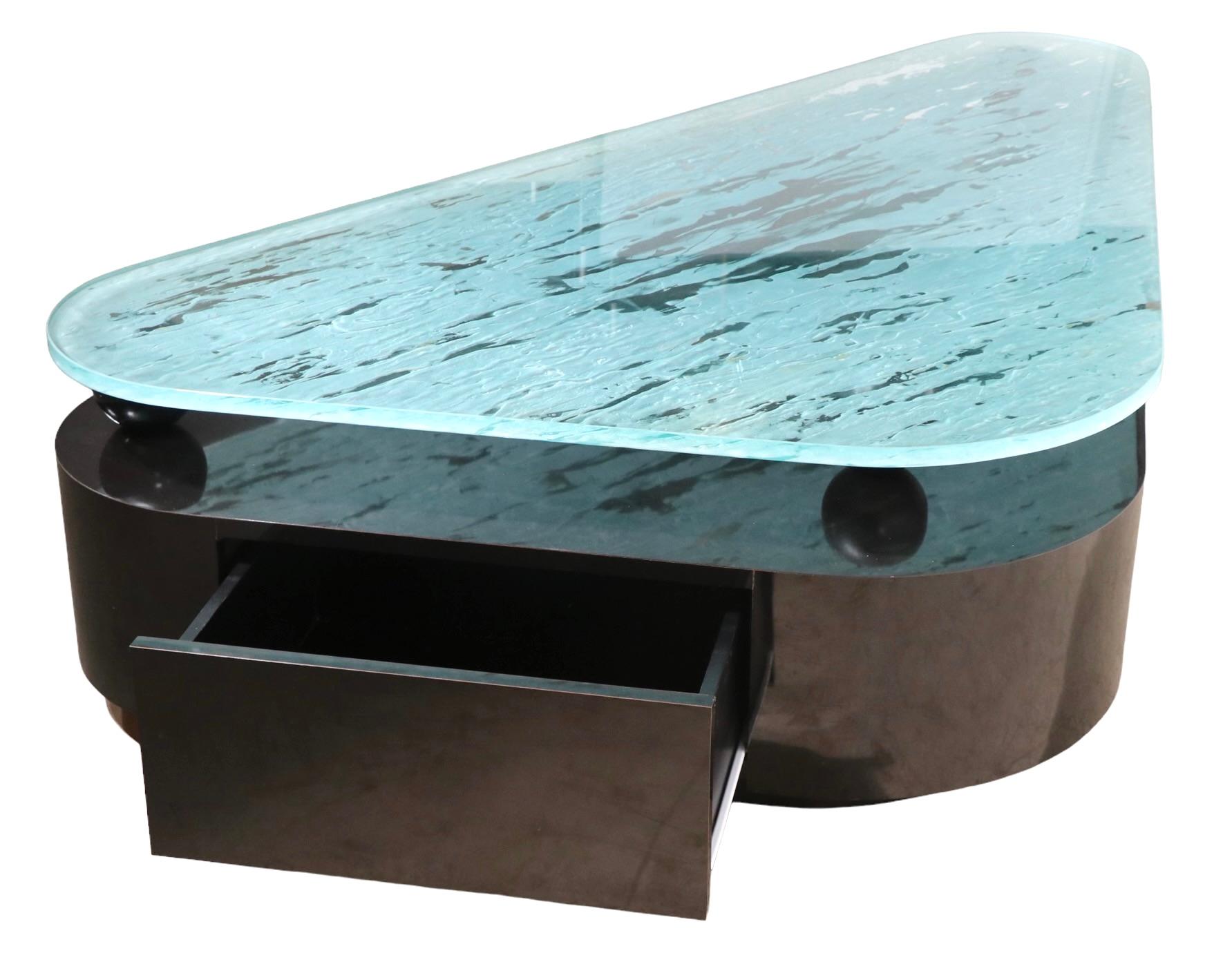 Large Post Modern Coffee Table with Formica Base and Textured Glass Top For Sale 11