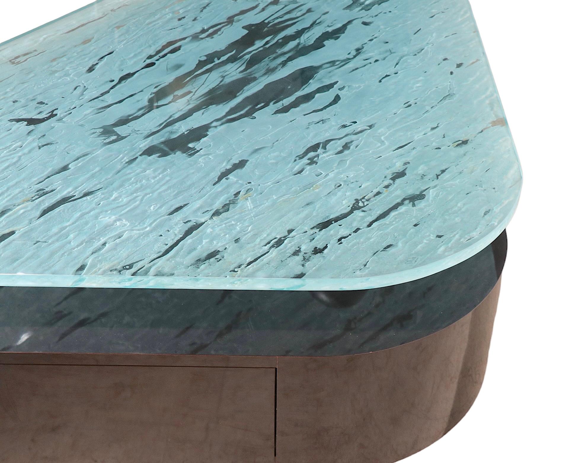 Large Post Modern Coffee Table with Formica Base and Textured Glass Top For Sale 13