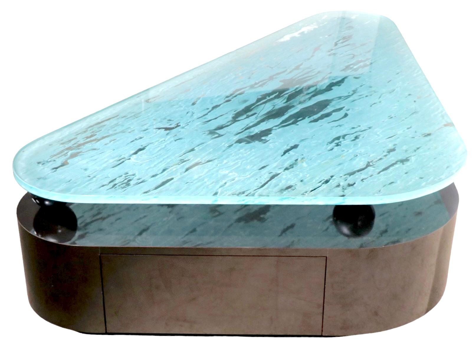 Laminate Large Post Modern Coffee Table with Formica Base and Textured Glass Top For Sale