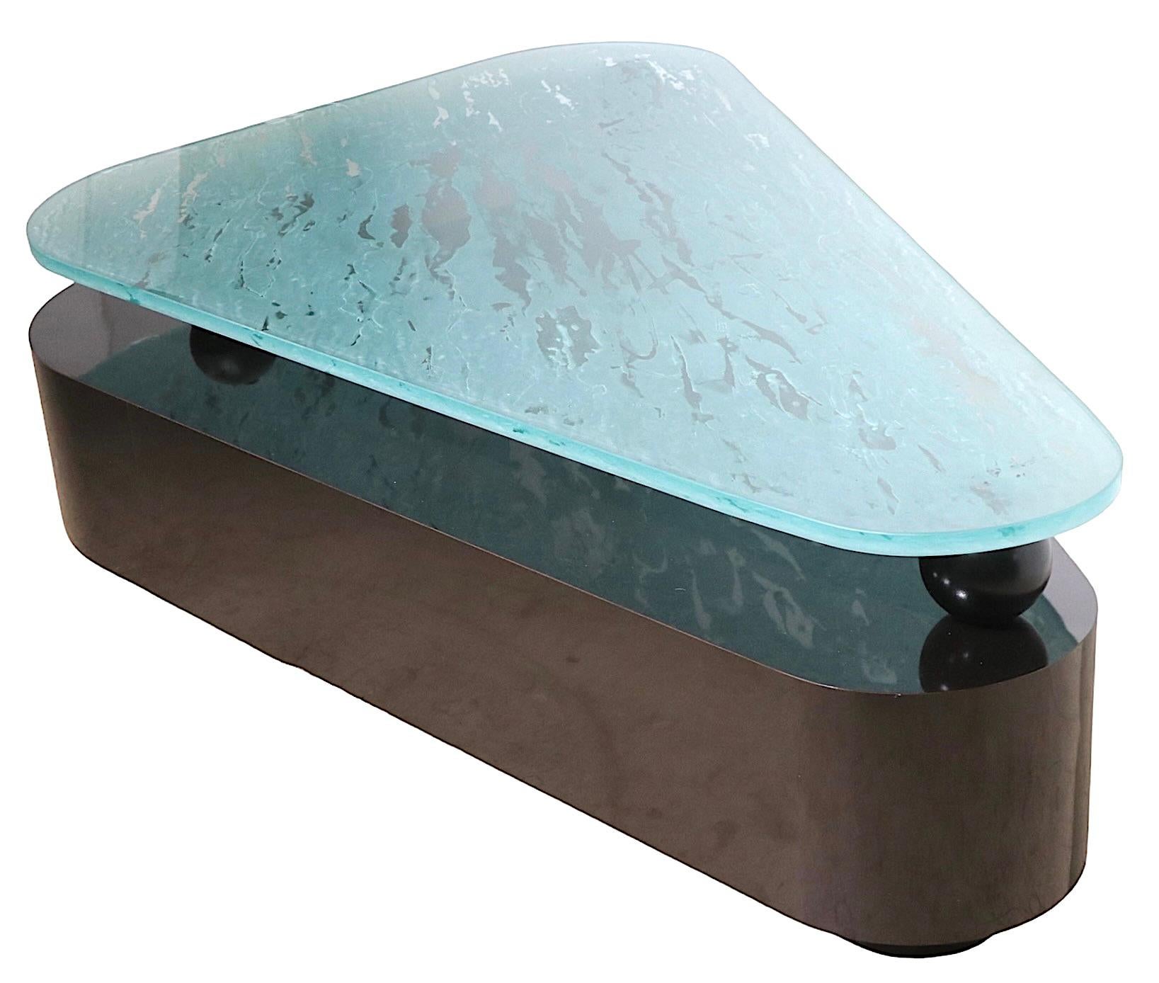 Large Post Modern Coffee Table with Formica Base and Textured Glass Top For Sale 1