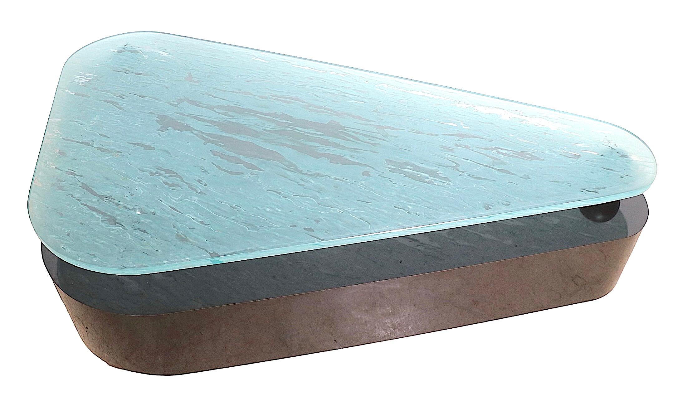 Large Post Modern Coffee Table with Formica Base and Textured Glass Top For Sale 2