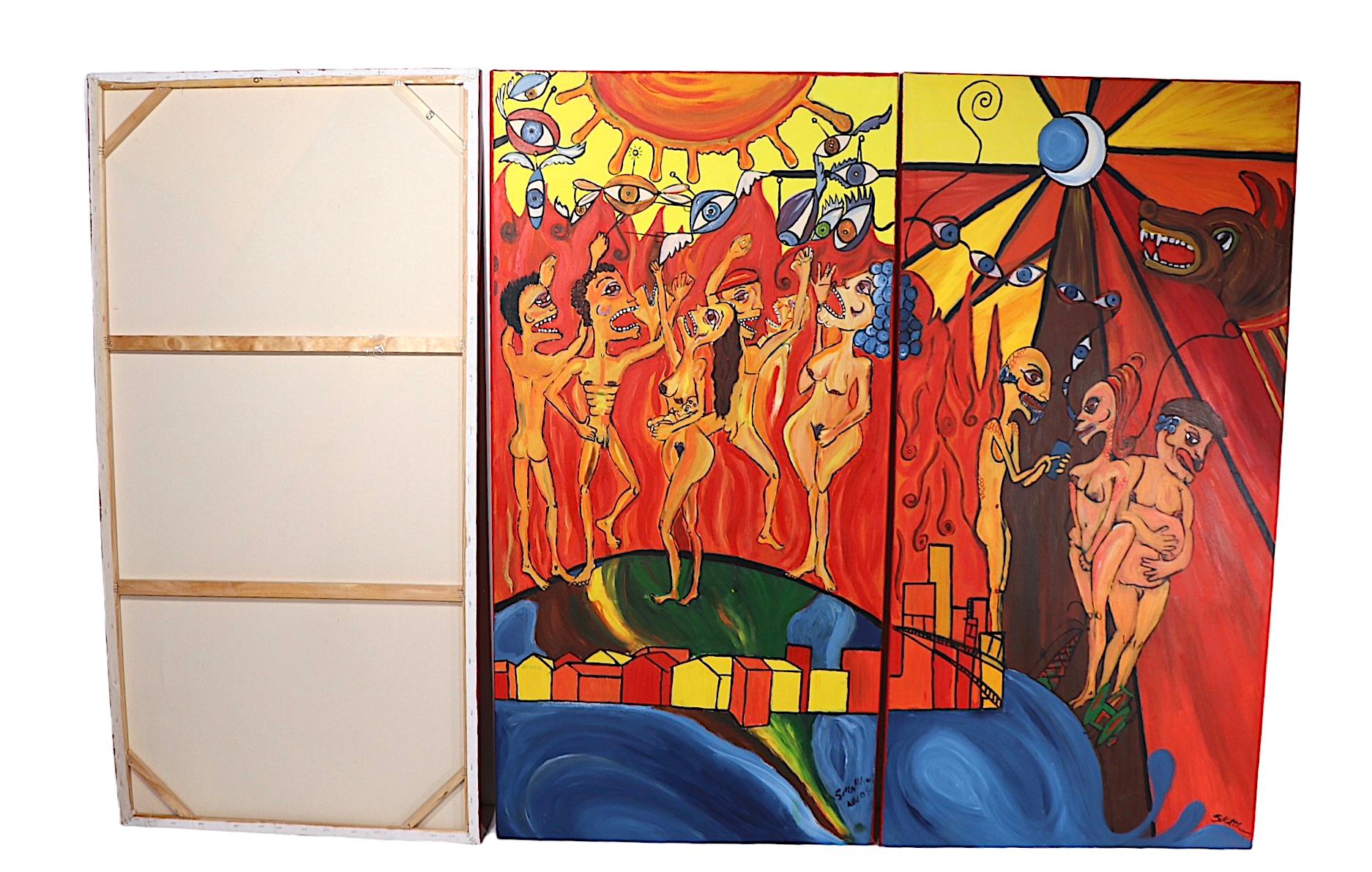 Post Modern, Fantasy, Street Style painting(s) depicting a gathering of figures, perhaps in a ritual, worship  or dance activity. The piece consists of three panels, each 31.5 inches W x 63 Inches H x 1 inch D., when assembled into the triptych