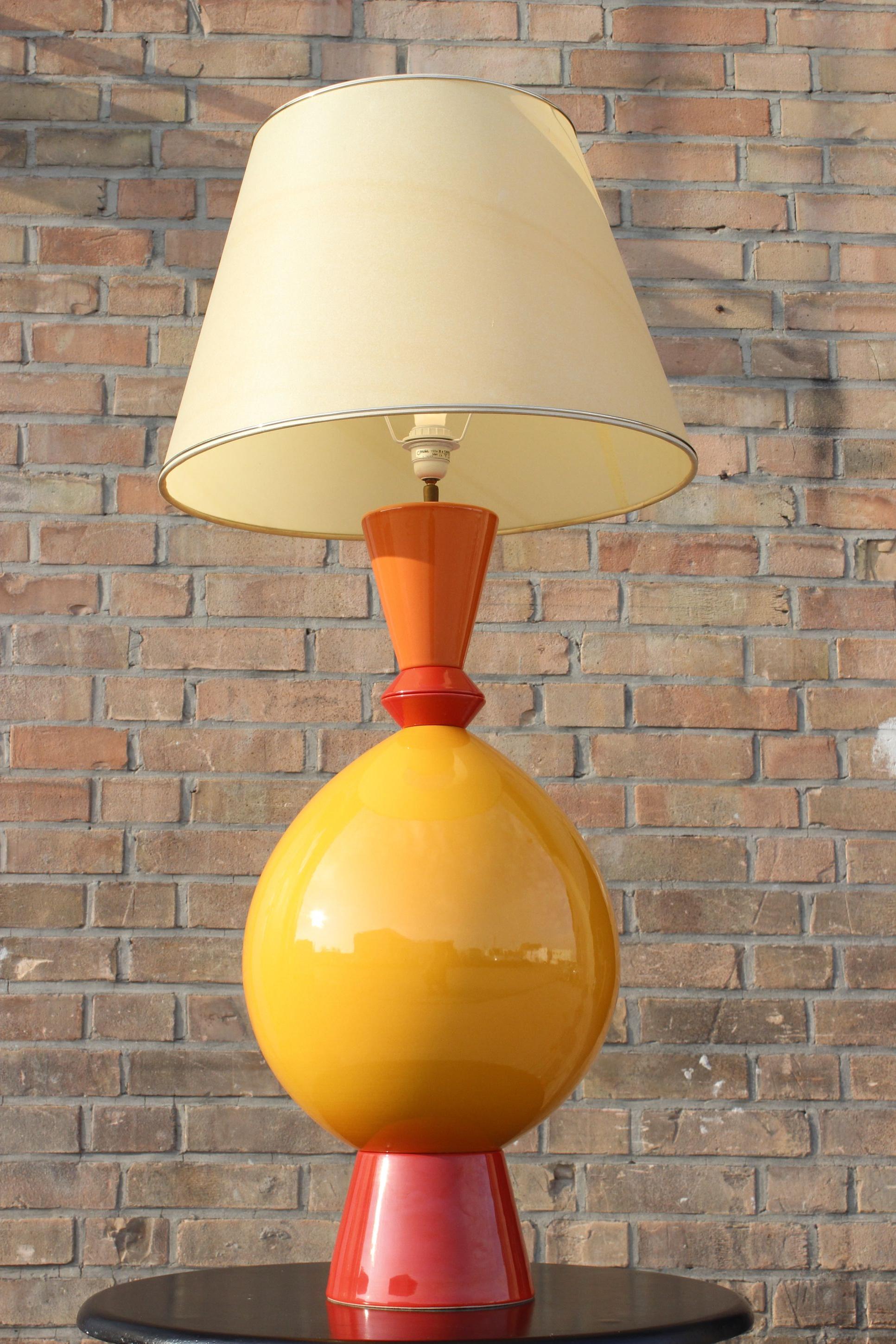 Large ceramic lamp by Lampes D'Albret, which was a sister company of Drimmer, which were renowned for their post-modernist productions mostly in glazed ceramic, the lamp was produced in the early 1990s. 

The large body resembles a totem, inspired