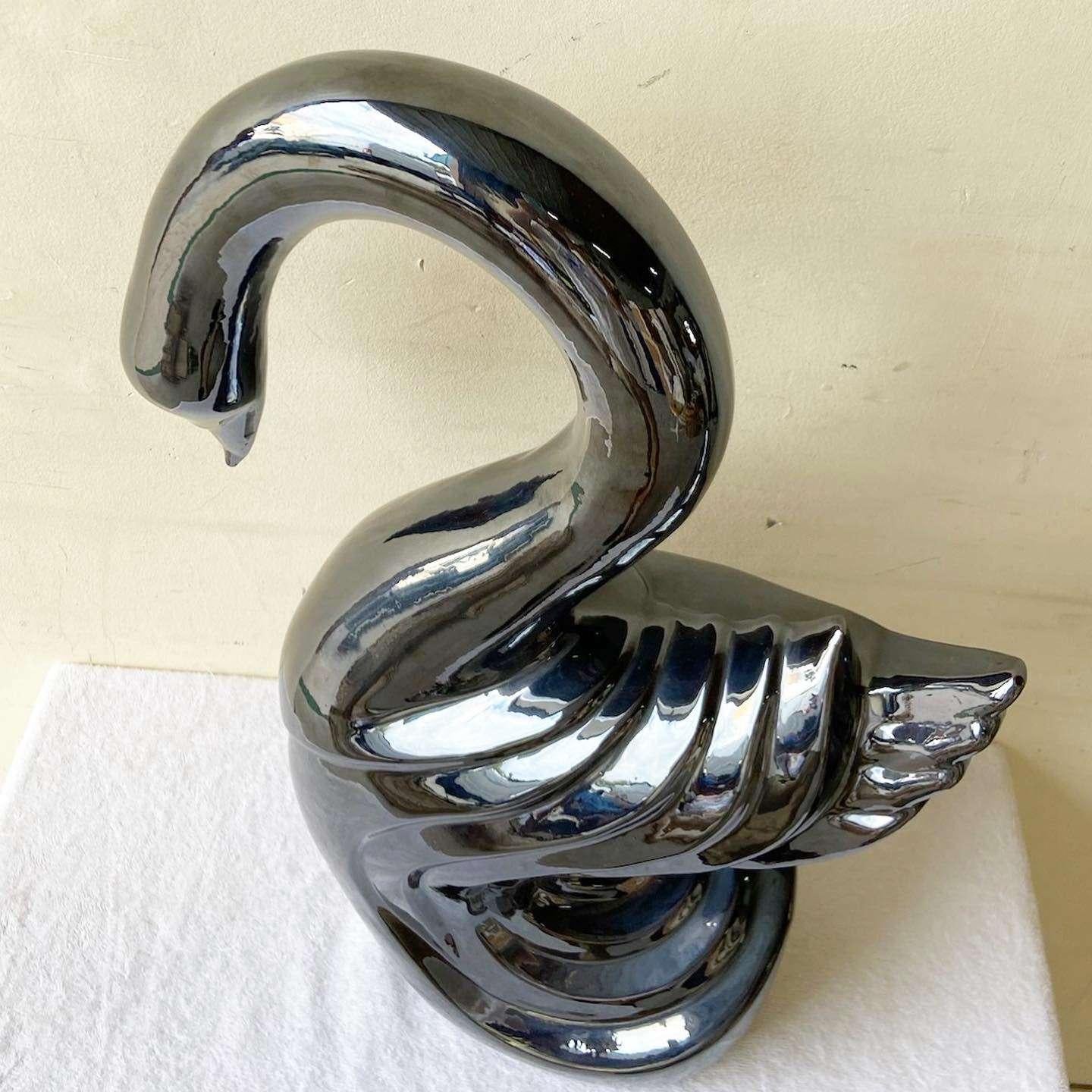 Ceramic Large Postmodern Charcoal Gloss Swan Sculpture For Sale