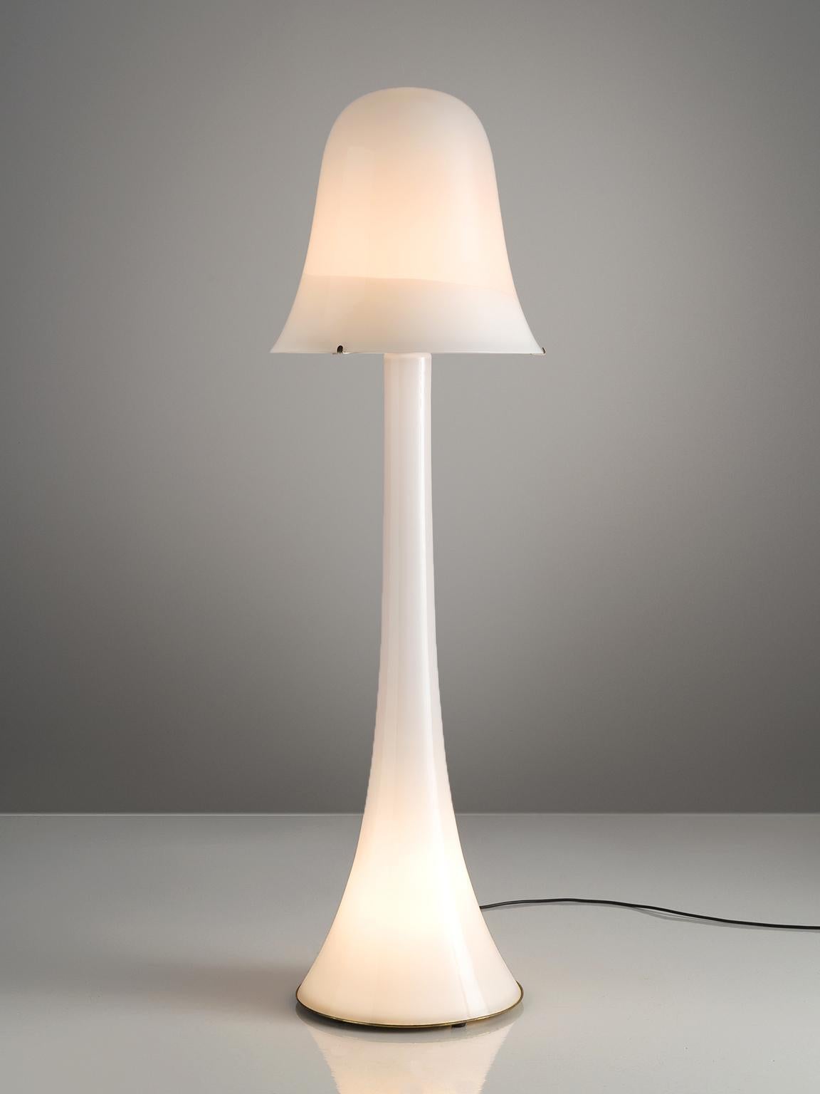 Floor lamp, white opaline glass, Italy, 1970s.

This frivolous lamp is designed in the shape of a mushroom. The foot and shade are both executed in white opaline glass. The aesthetics of this lamp bear the typical traits of postwar Italian design.