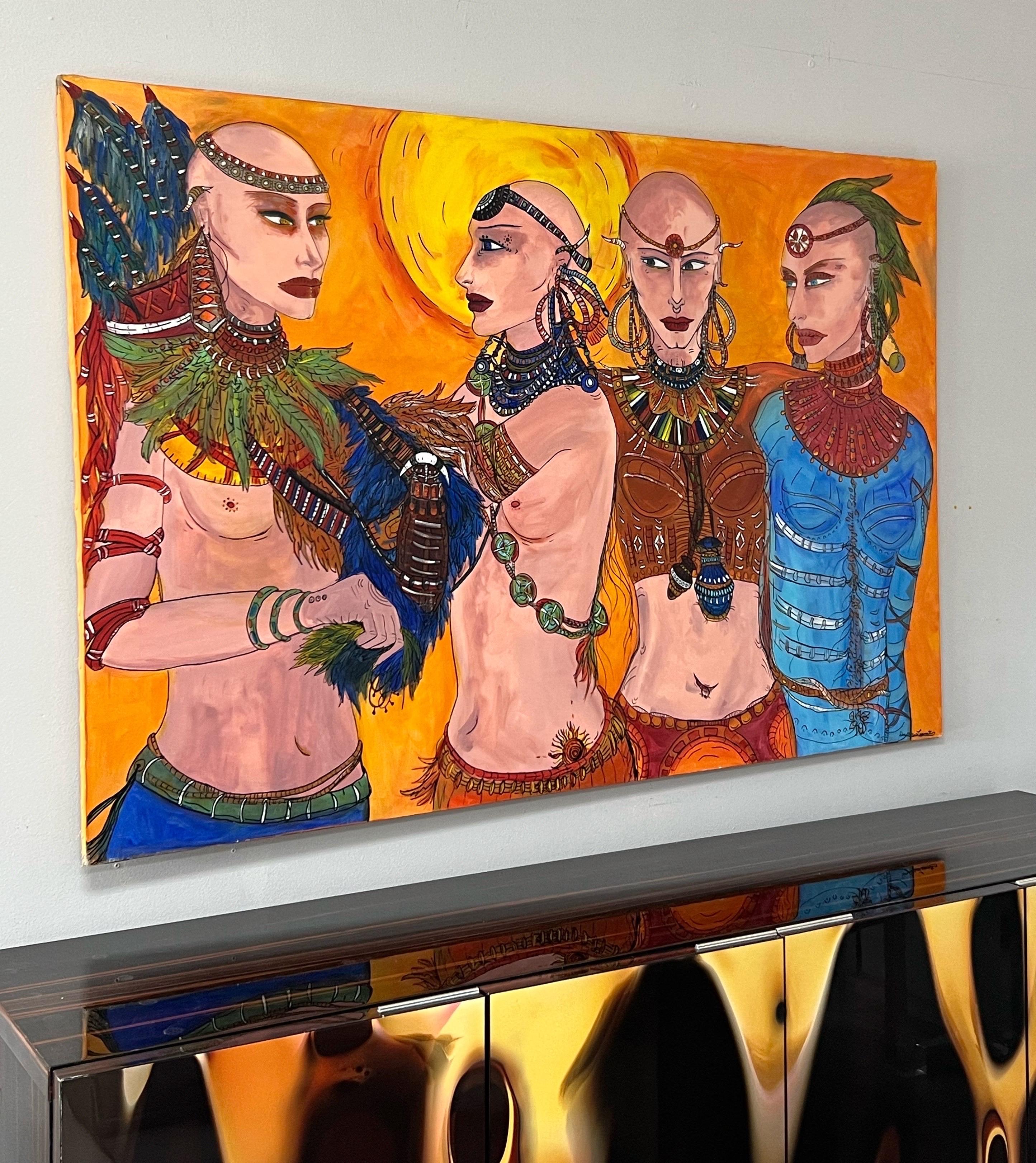 A large acrylic painting on canvas by Donatella Lopresti. Bold, colorful and full of life. unframed, a small discrete repair on lower left corner.