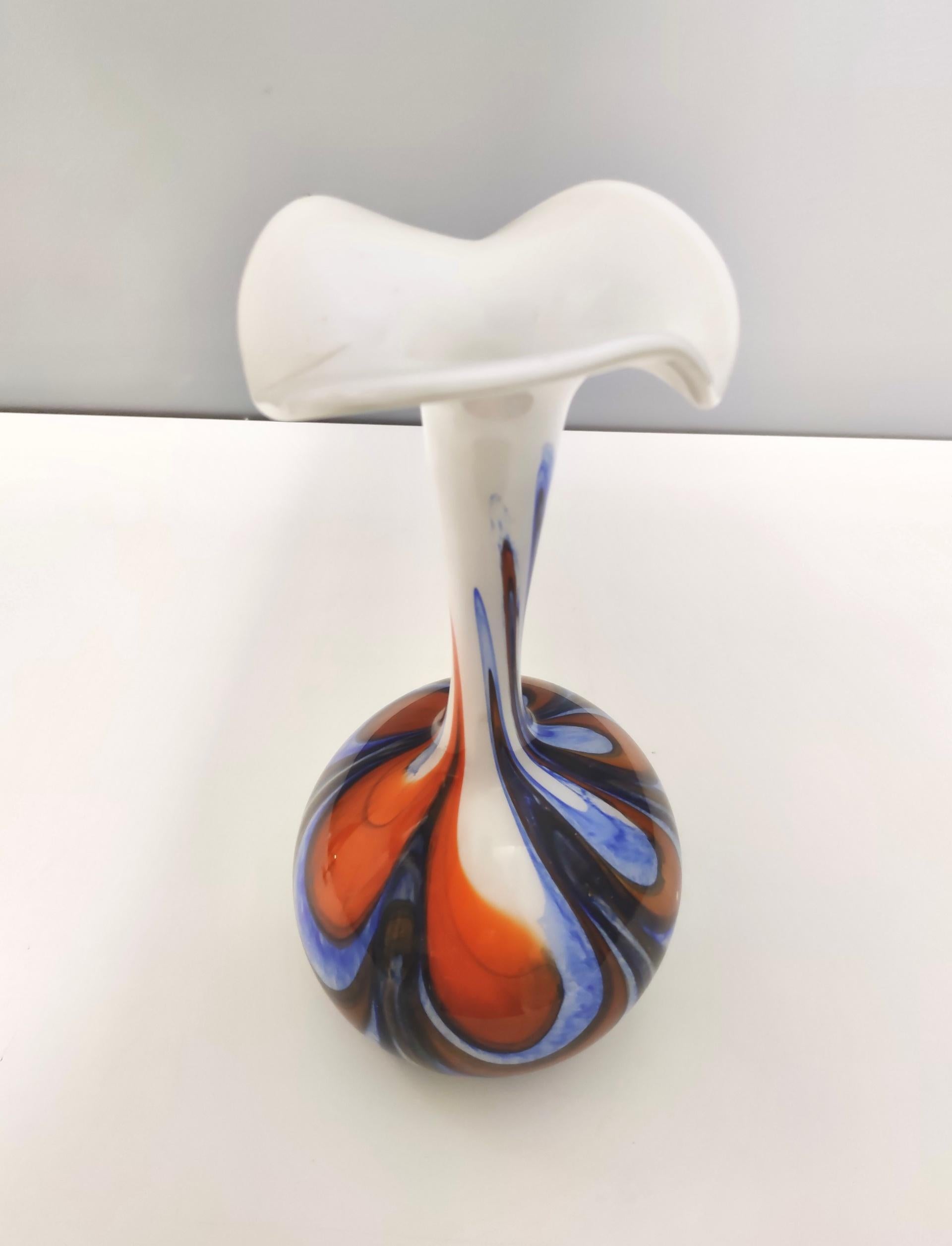 Large Postmodern Orange, White and Blue Glass Vase by Opaline Florence , Italy For Sale 3