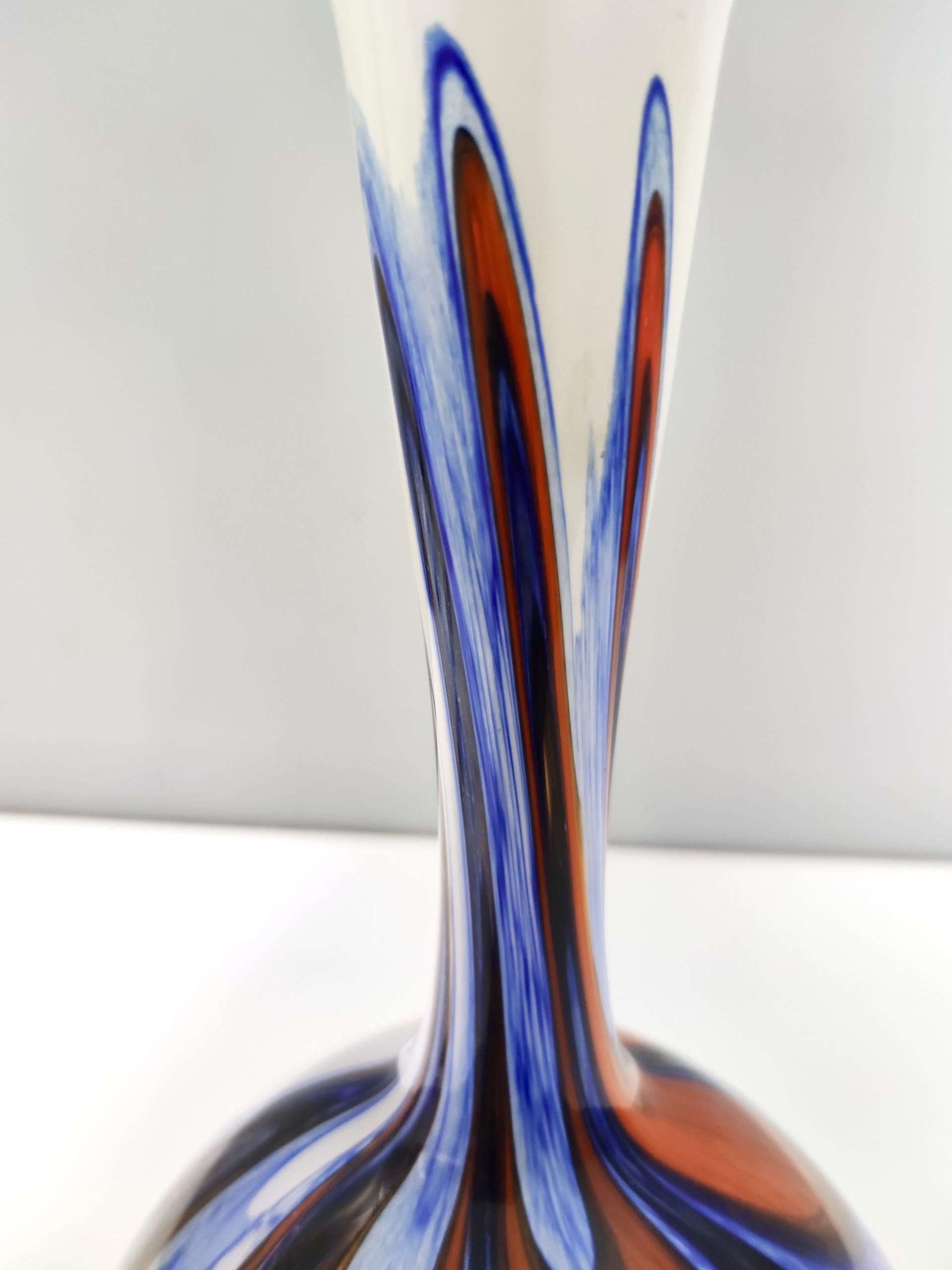 Large Postmodern Orange, White and Blue Glass Vase by Opaline Florence , Italy For Sale 5