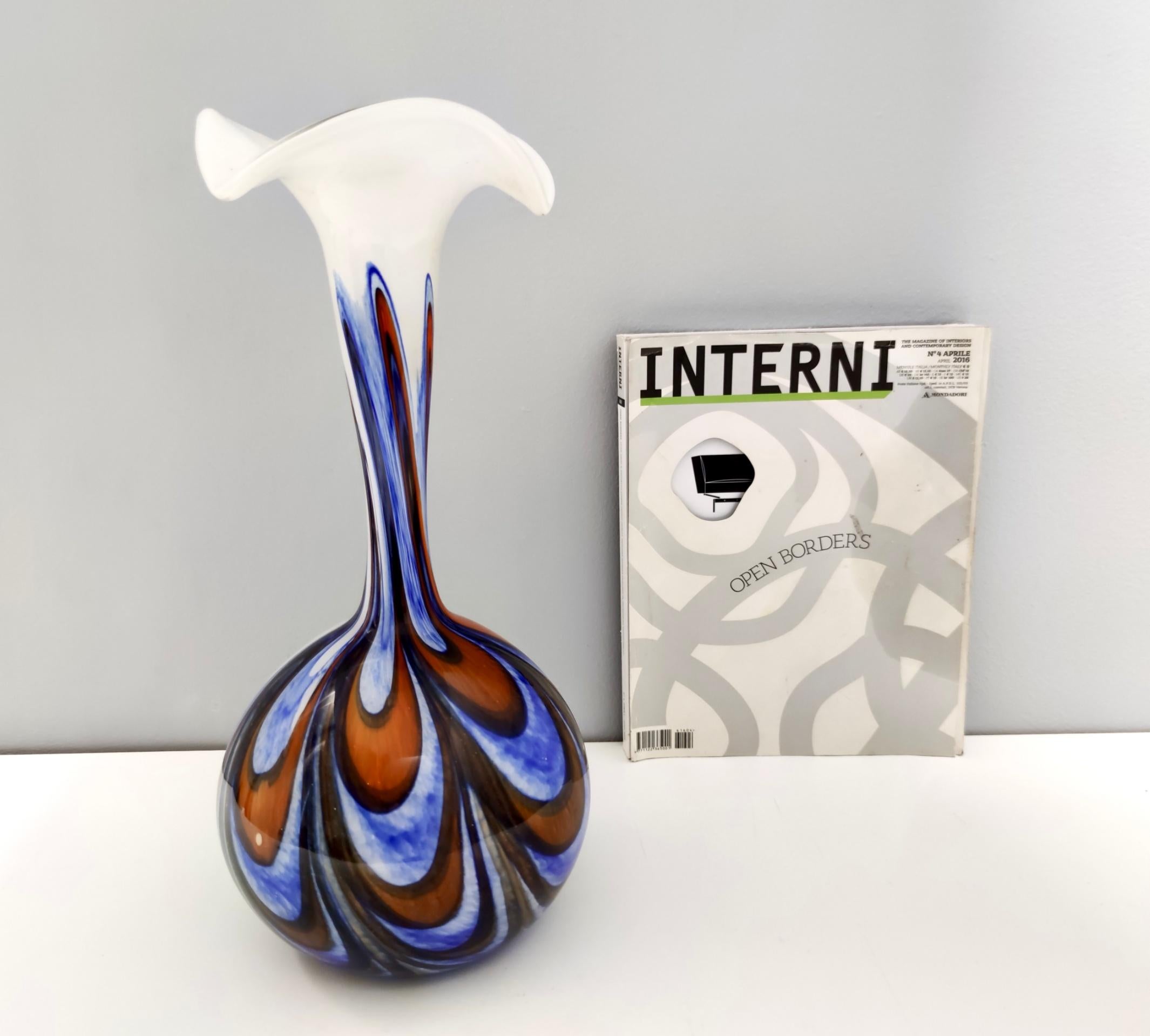 Post-Modern Large Postmodern Orange, White and Blue Glass Vase by Opaline Florence , Italy For Sale