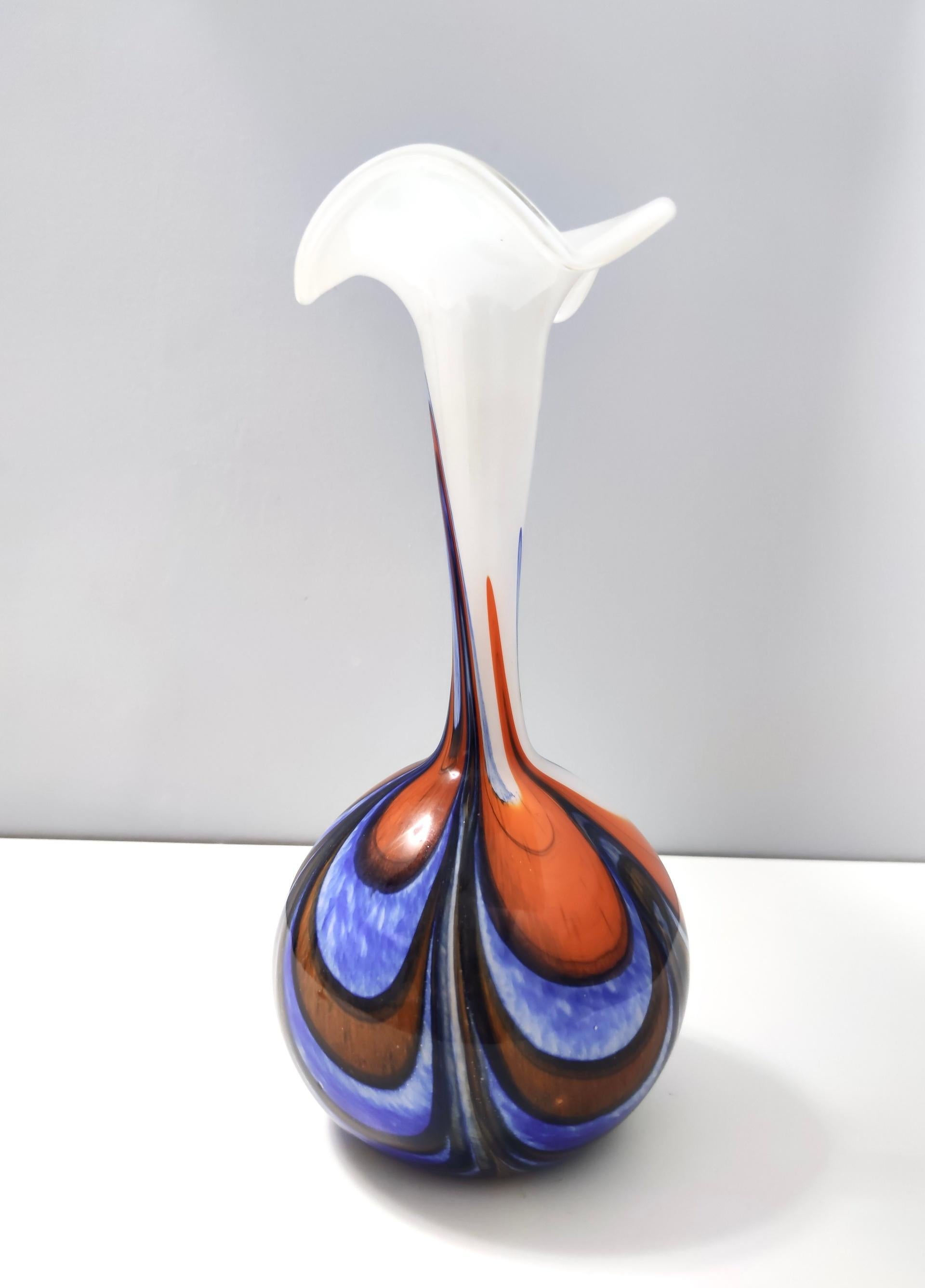 Italian Large Postmodern Orange, White and Blue Glass Vase by Opaline Florence , Italy For Sale
