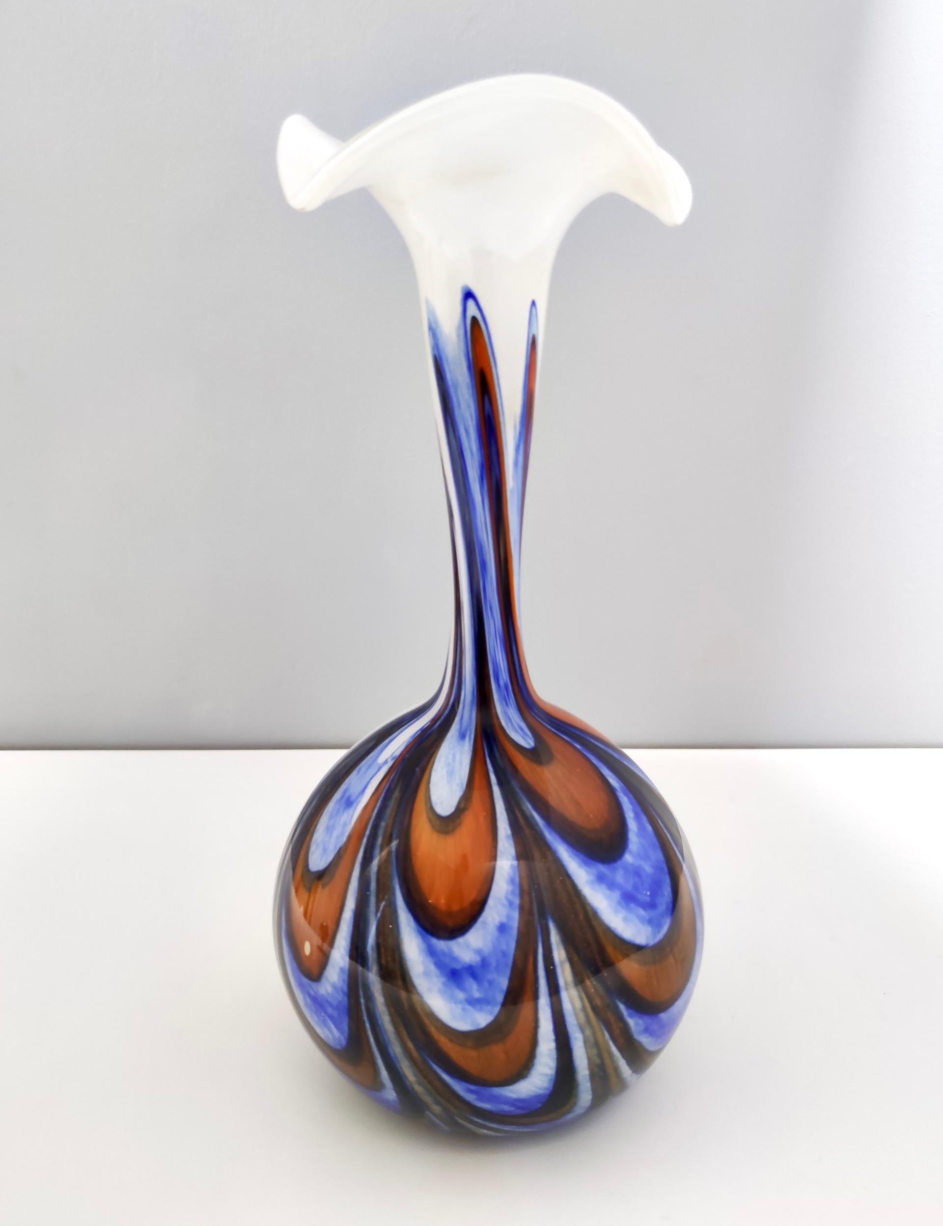 Late 20th Century Large Postmodern Orange, White and Blue Glass Vase by Opaline Florence , Italy For Sale
