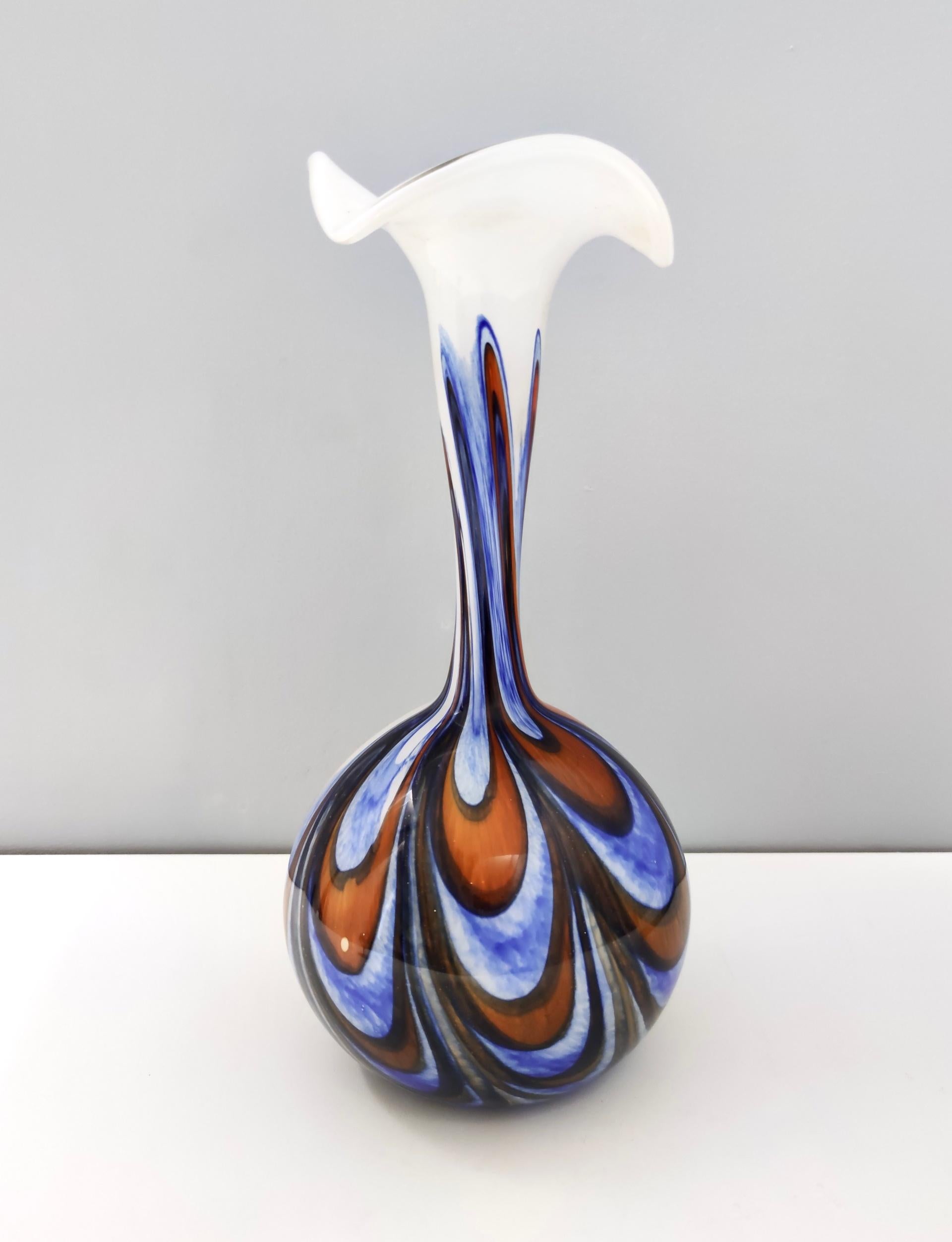 Murano Glass Large Postmodern Orange, White and Blue Glass Vase by Opaline Florence , Italy For Sale