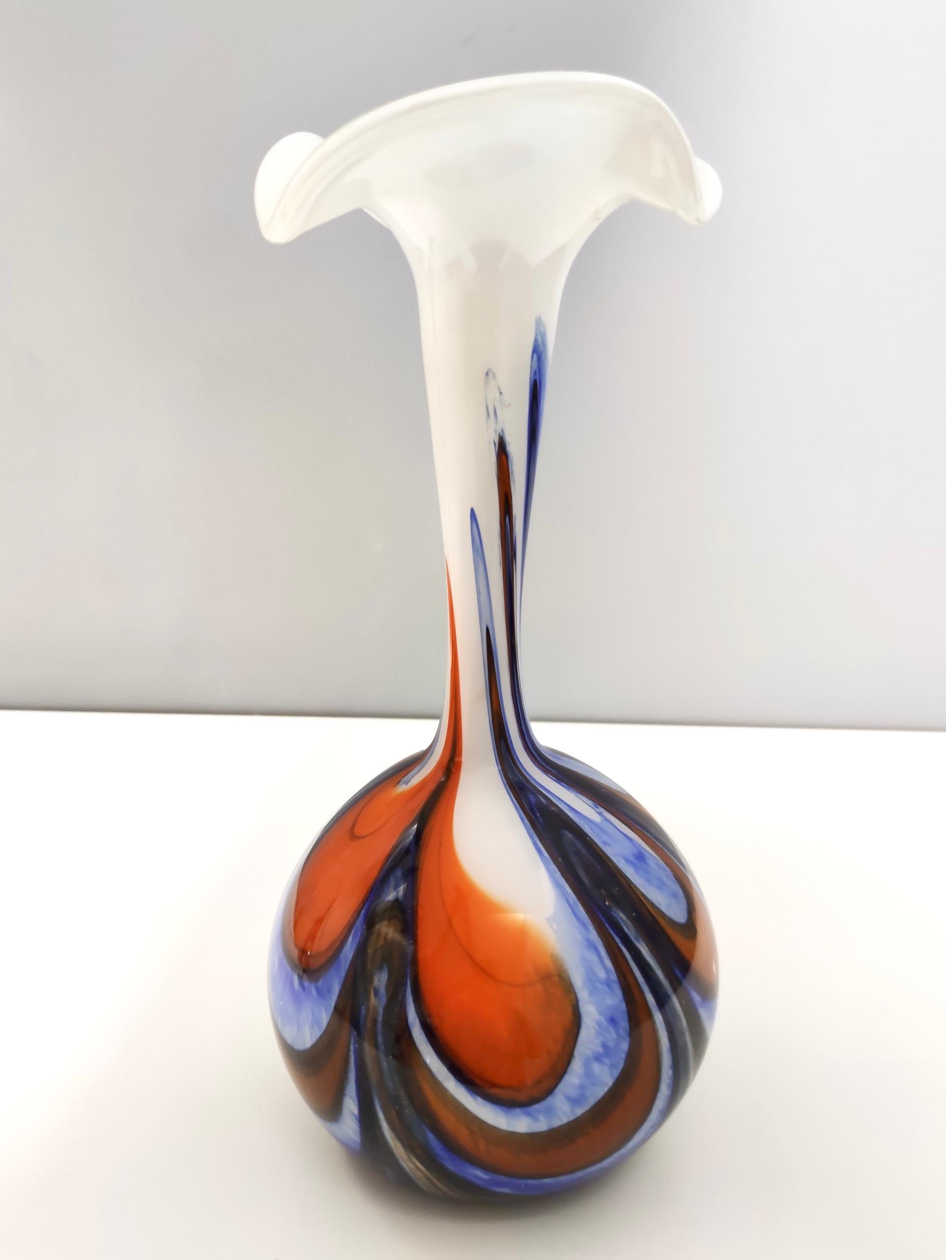 Large Postmodern Orange, White and Blue Glass Vase by Opaline Florence , Italy For Sale 1