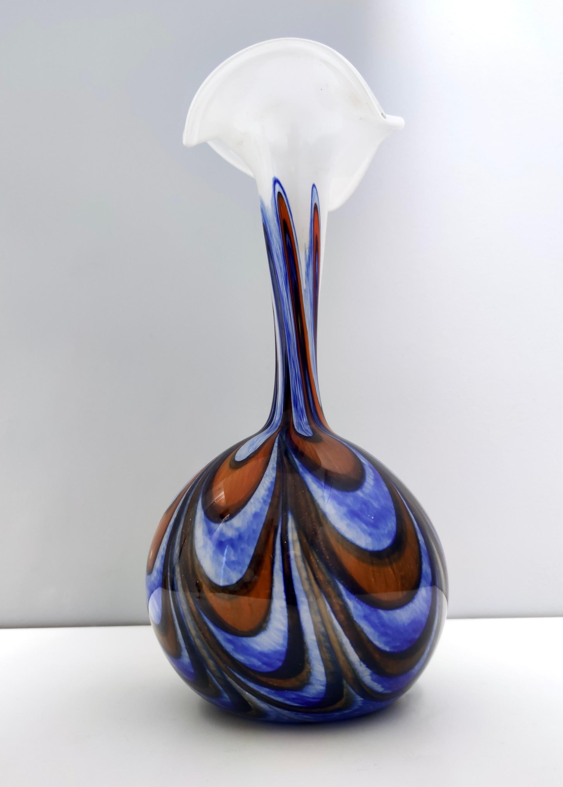 Large Postmodern Orange, White and Blue Glass Vase by Opaline Florence , Italy For Sale 2