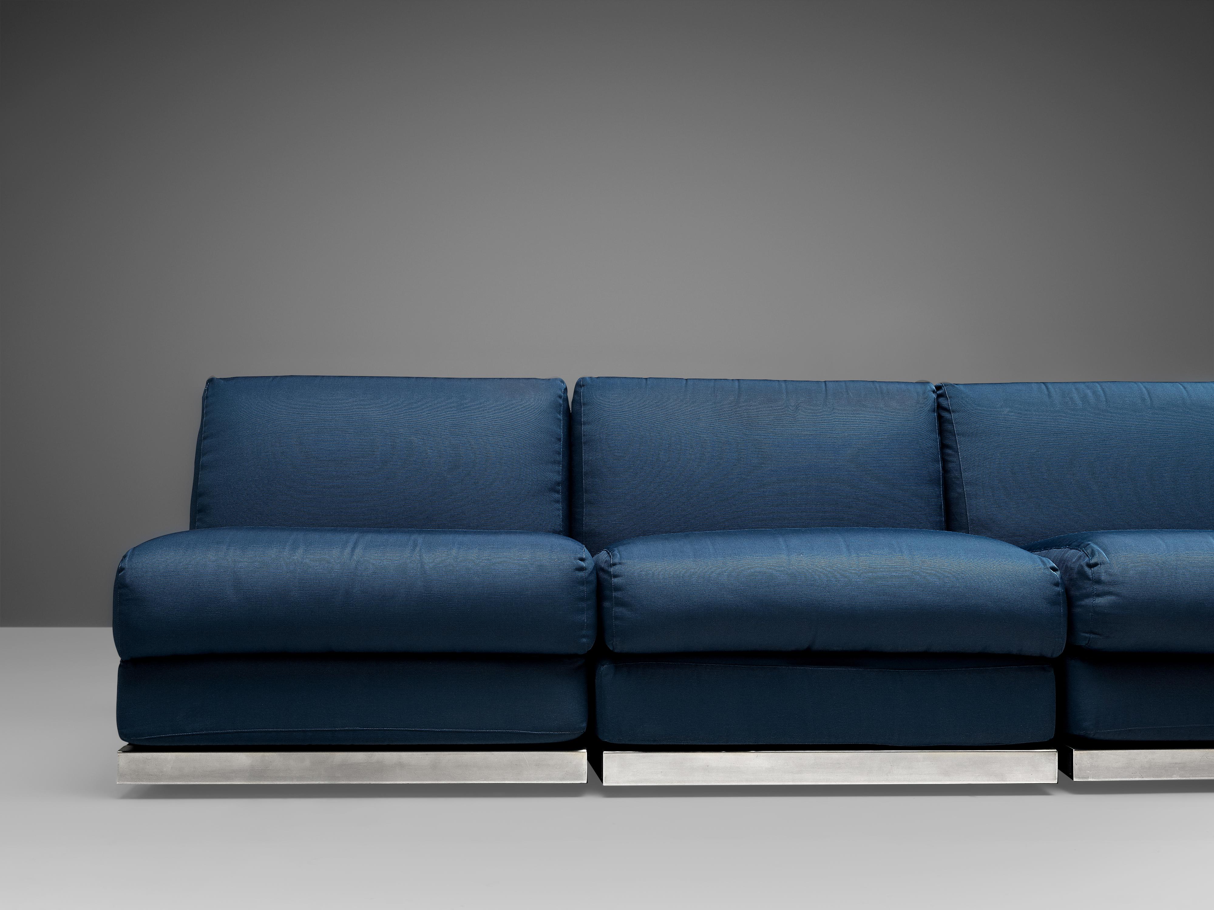 Large Postmodern Sectional Sofa in Blue Upholstery and Aluminum 4