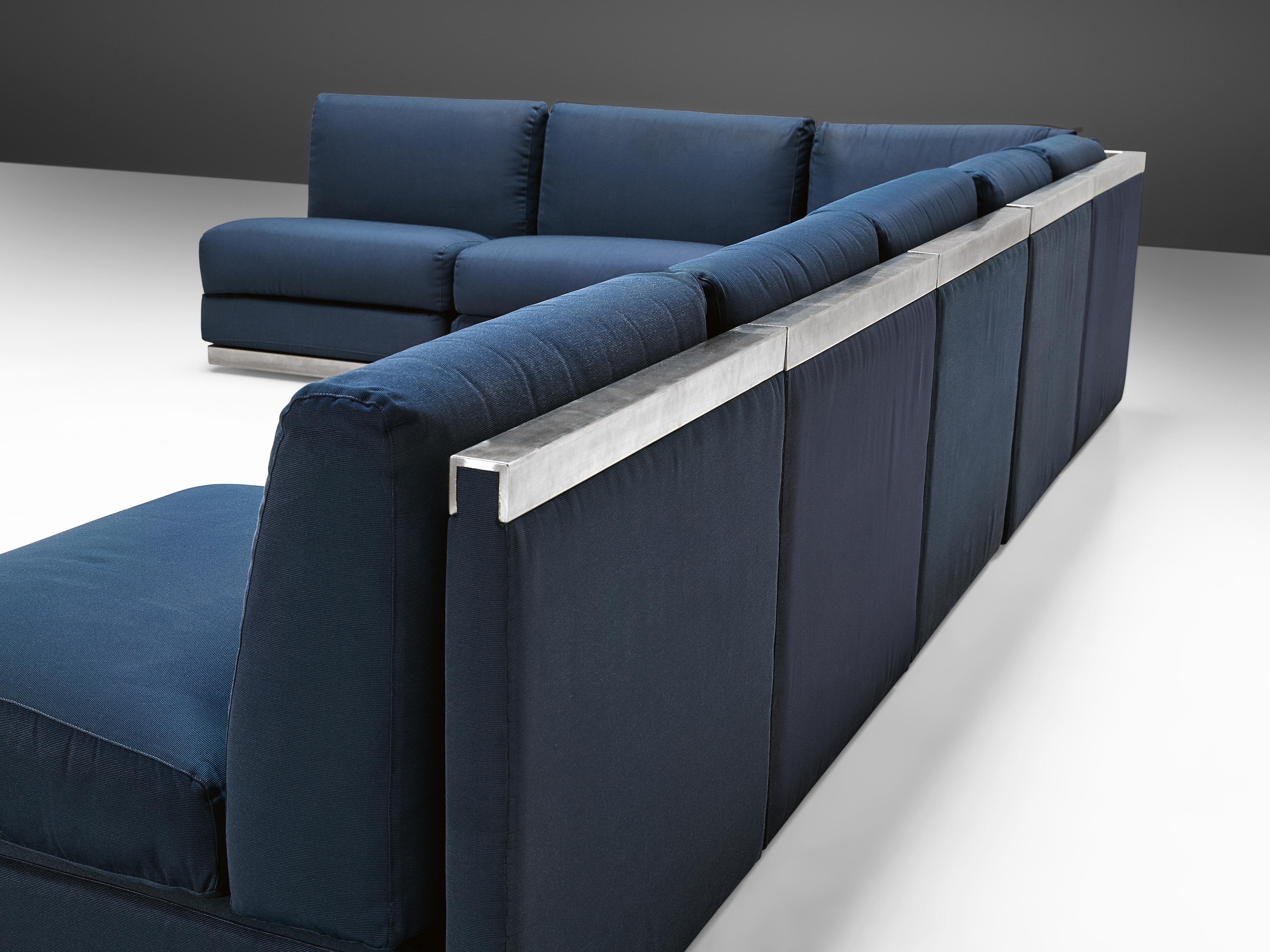 Italian Large Postmodern Sectional Sofa in Blue Upholstery and Aluminum