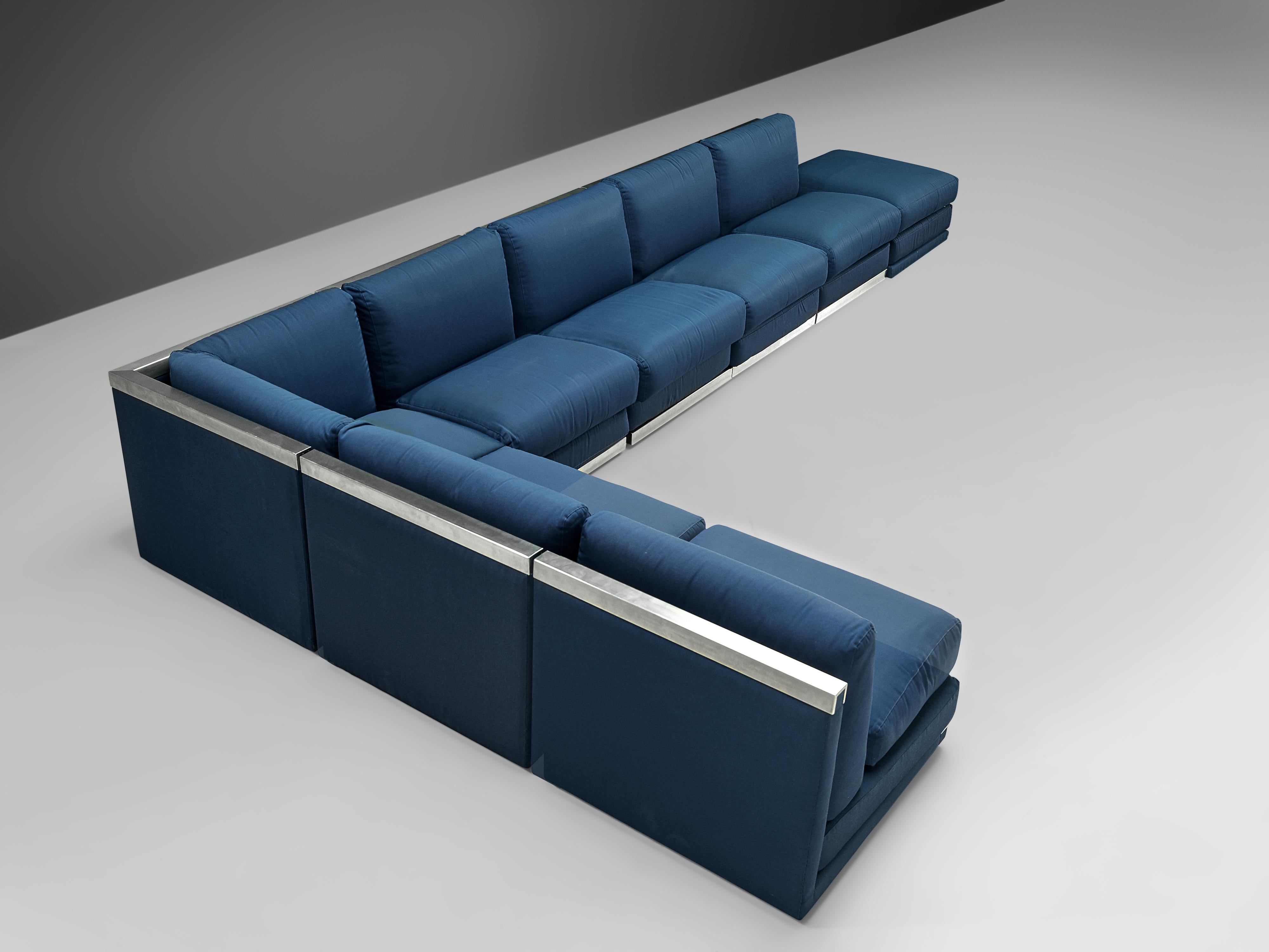 Large Postmodern Sectional Sofa in Blue Upholstery and Aluminum In Good Condition In Waalwijk, NL
