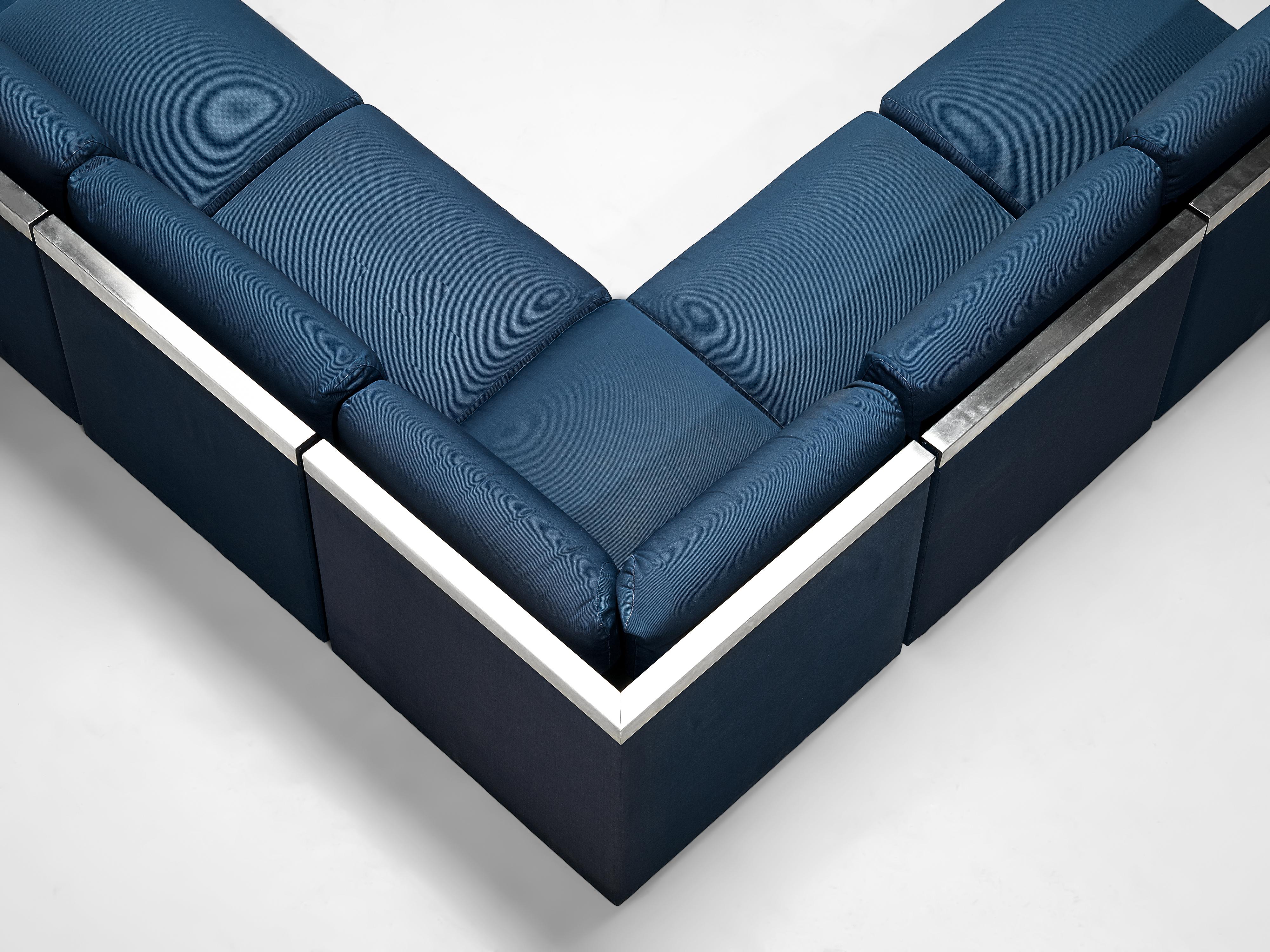 Late 20th Century Large Postmodern Sectional Sofa in Blue Upholstery and Aluminum